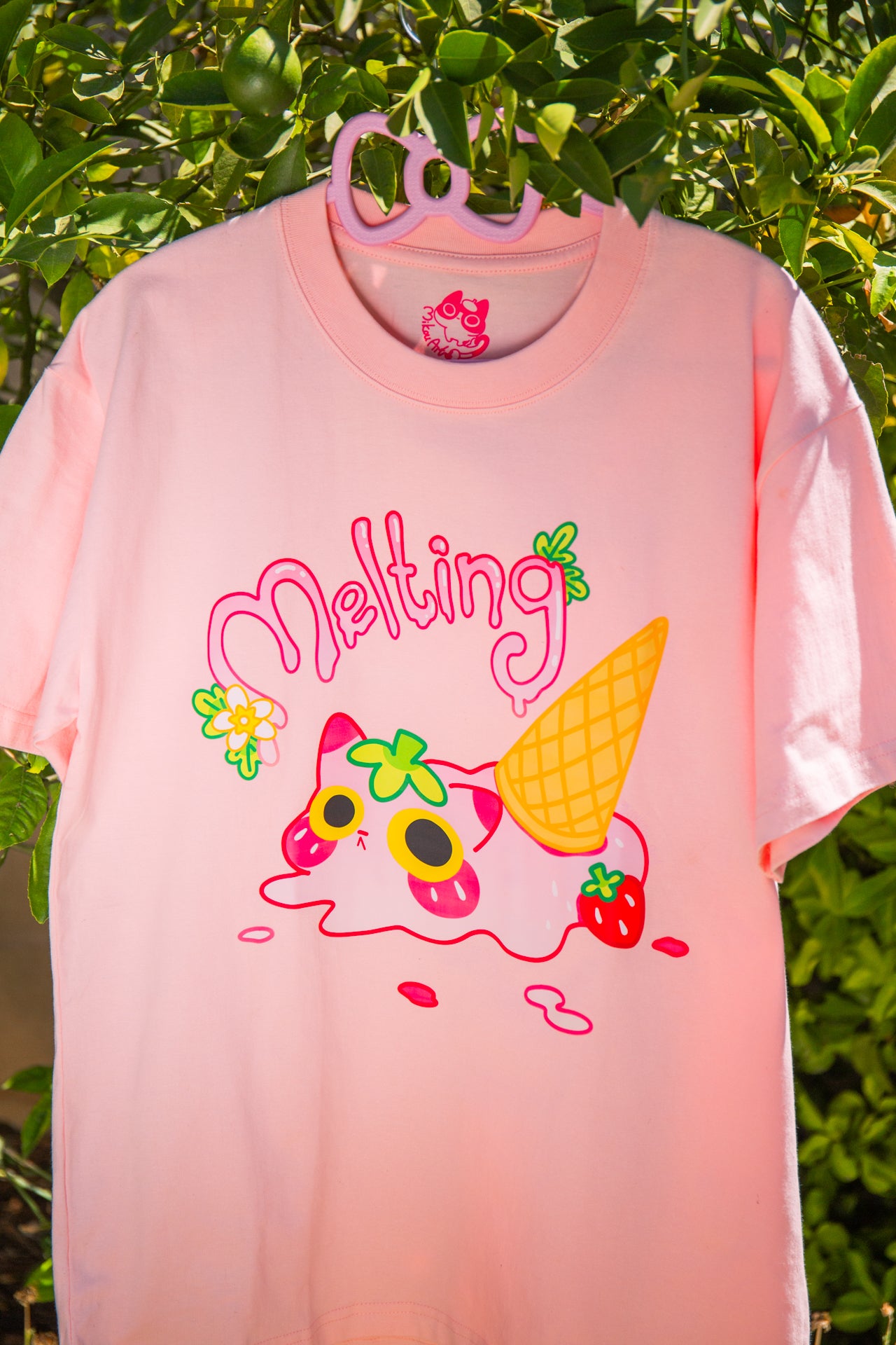 Melting Ice Cream Cat Crew T-Shirt | Strawberry Cat | Summer Tee | Unisex Tee | Mikou Original Art