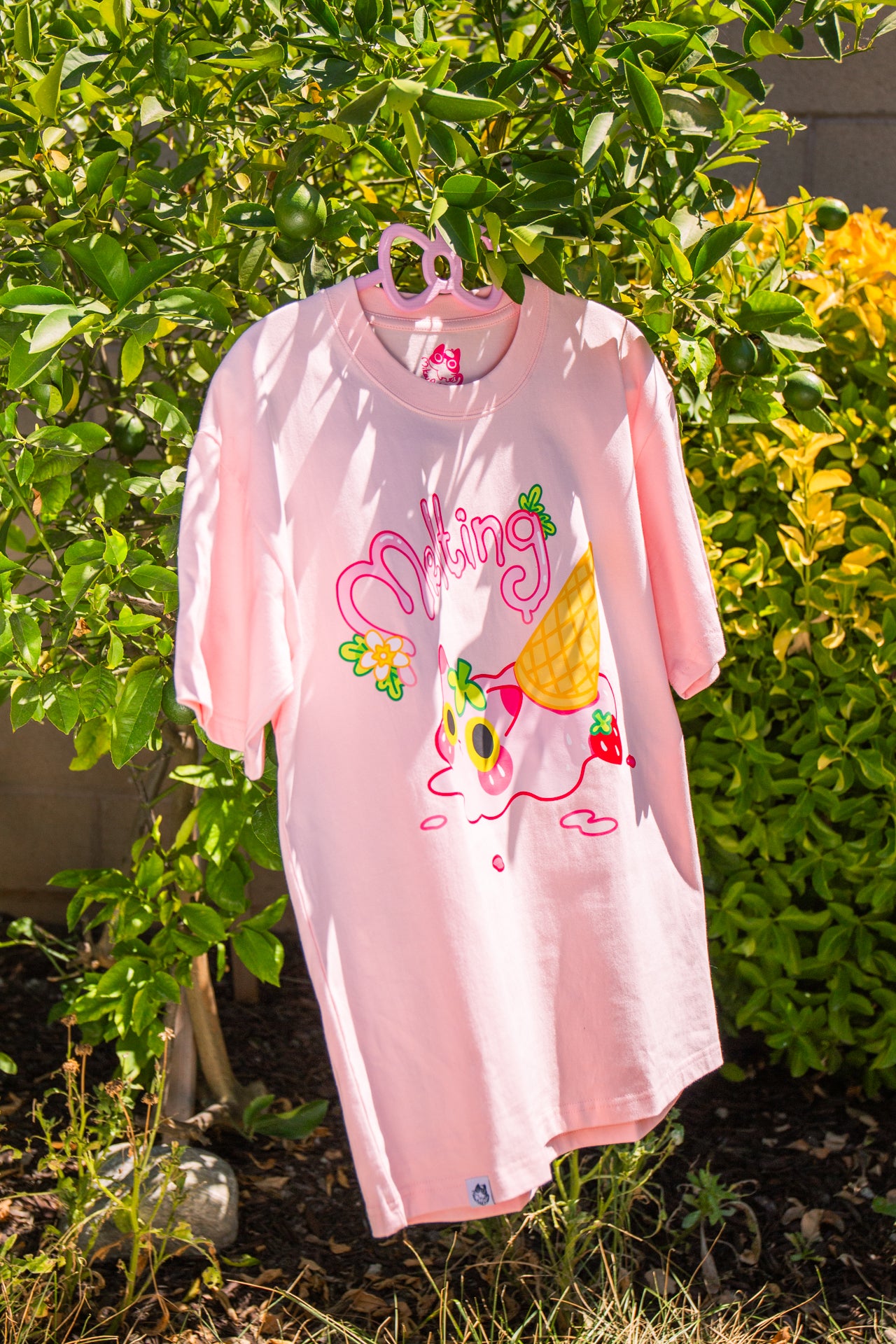 Melting Ice Cream Cat Crew T-Shirt | Strawberry Cat | Summer Tee | Unisex Tee | Mikou Original Art