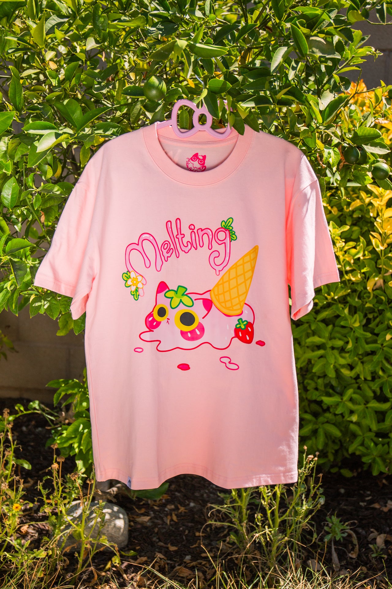 Melting Ice Cream Cat Crew T Shirt Strawberry Cat Summer Tee Uni MikouArt