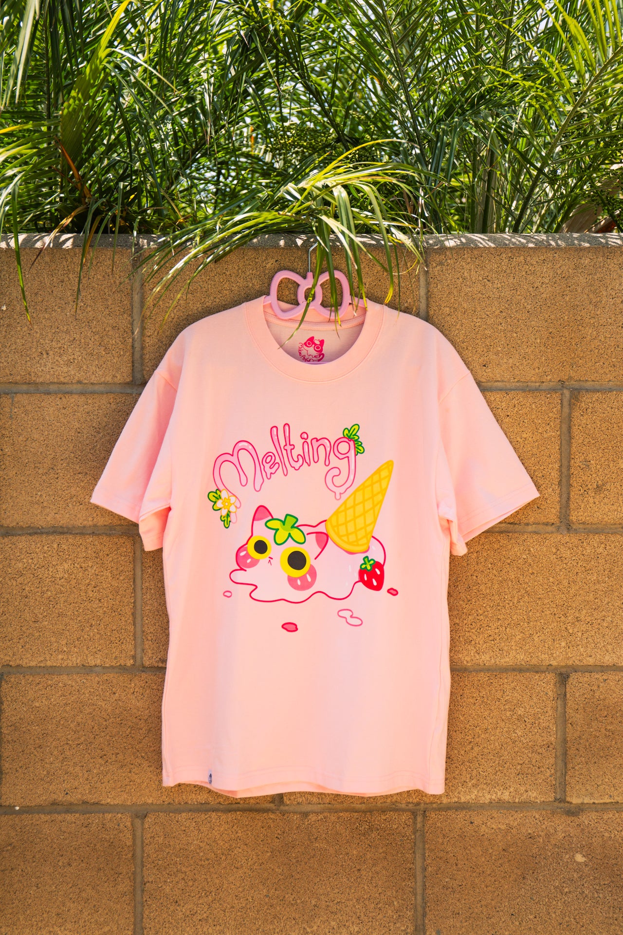 Melting Ice Cream Cat Crew T-Shirt | Strawberry Cat | Summer Tee | Unisex Tee | Mikou Original Art
