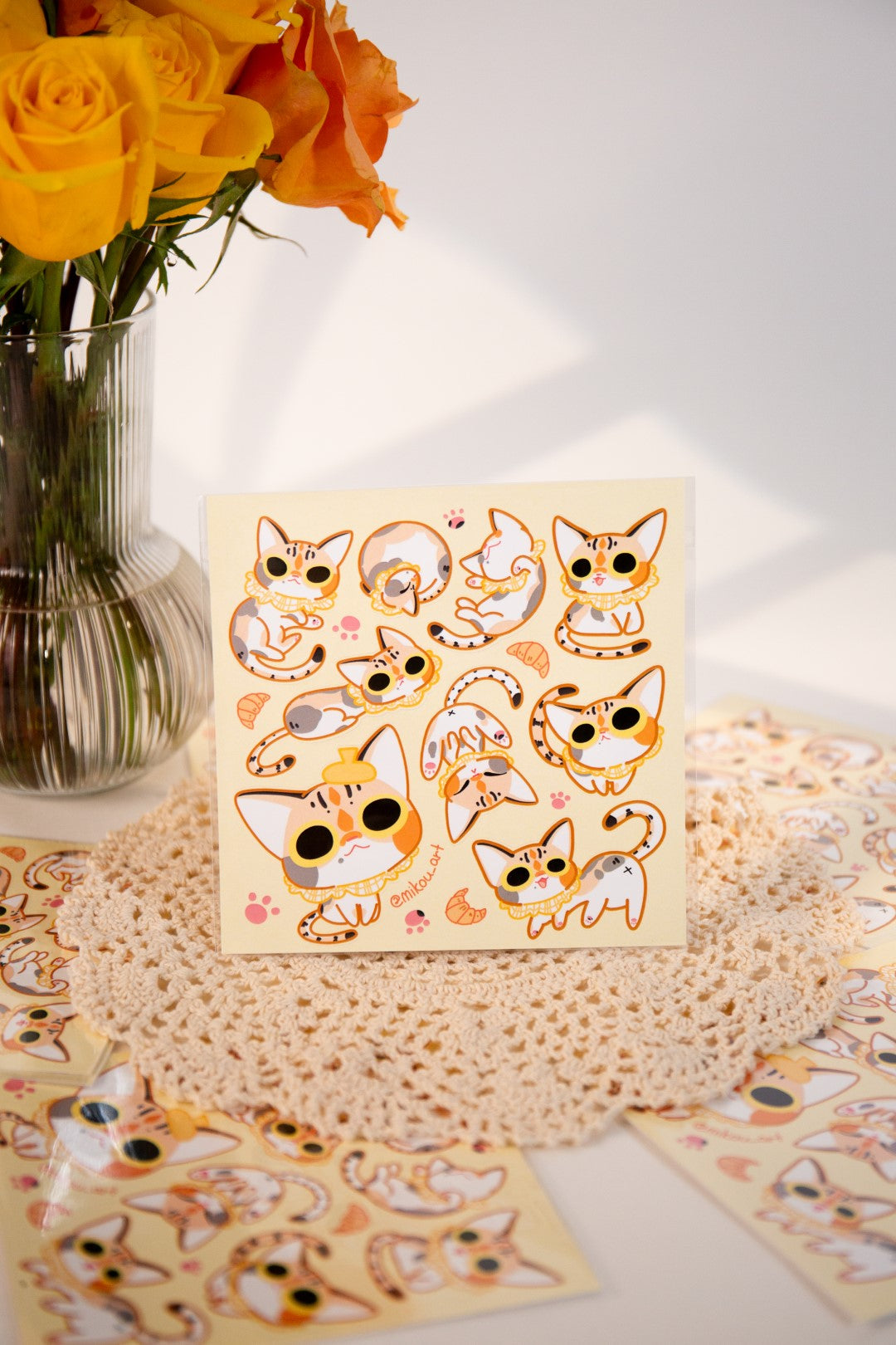 Sticker Sheet | Calico Cat "Croissant" Collage | 5.5x5.5 inch | Waterproof & Fade-Resistant | Gift for Cat Lovers | Mikou Original Art