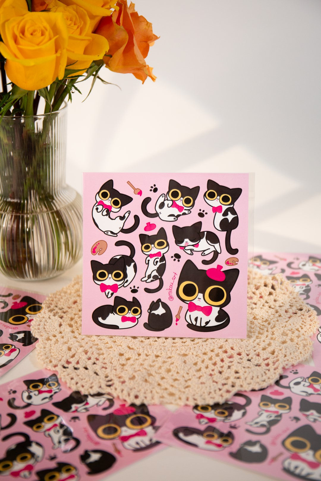 Sticker Sheet | Tuxedo Cat "Mayer" Collage | 5.5x5.5 inch | Waterproof & Fade-Resistant | Gift for Cat Lovers | Mikou Original Art