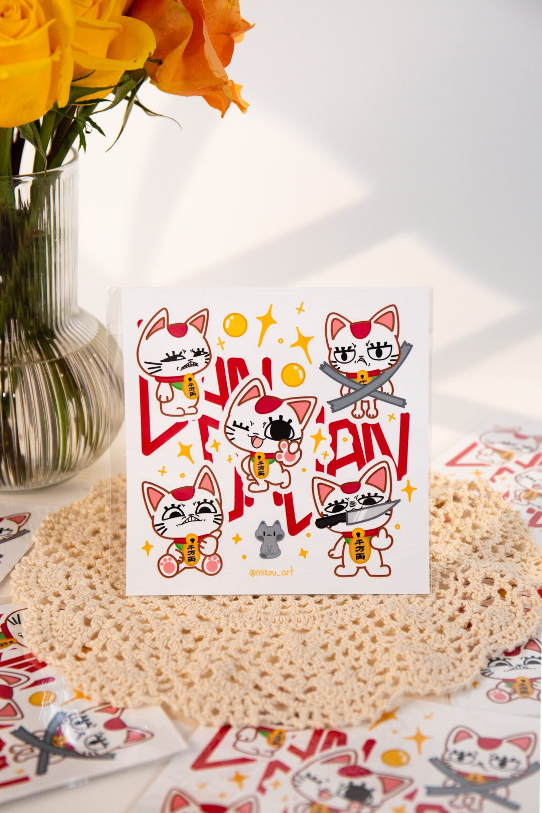 Sticker Sheet | Maneki Neko "Granny" | 5.5x5.5 inch | Waterproof & Fade-Resistant | Gift for Cat Lovers | Mikou Original Art