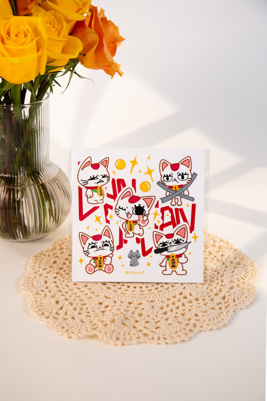 Sticker Sheet | Maneki Neko "Granny" | 5.5x5.5 inch | Waterproof & Fade-Resistant | Gift for Cat Lovers | Mikou Original Art