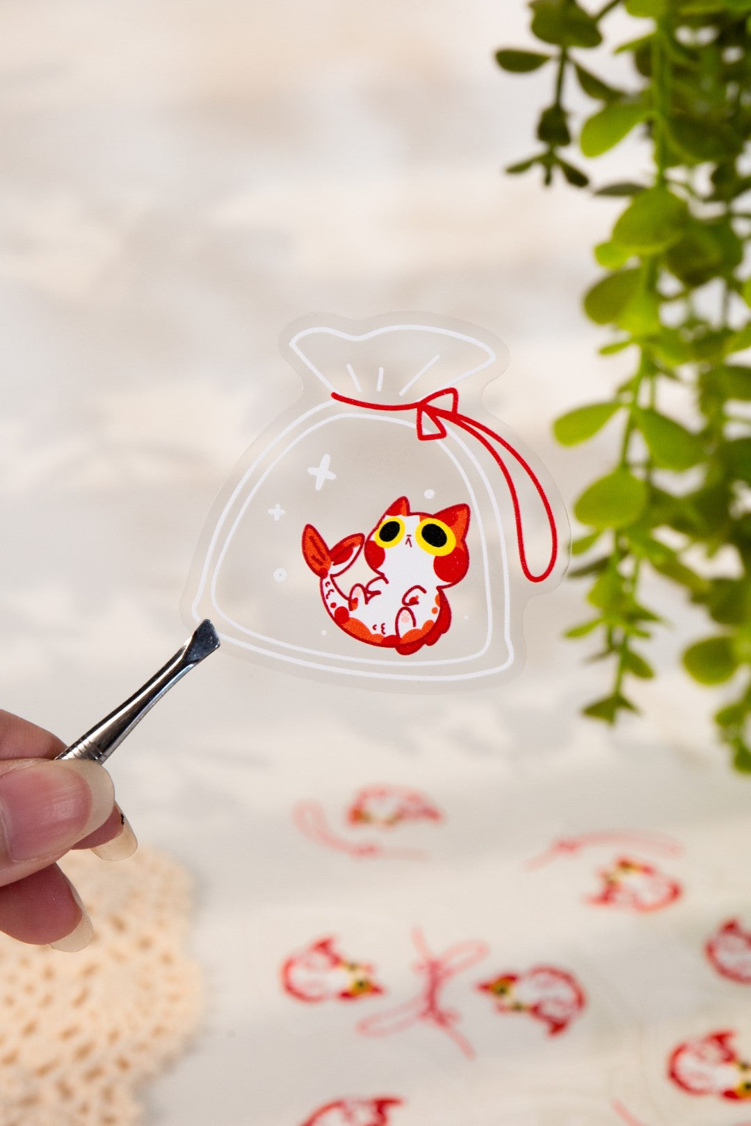 Cleared Vinyl Sticker | Koi Cat Bag | 3 inch | Waterproof & Fade-Resistant |