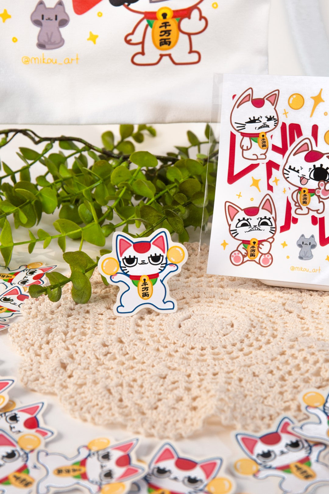 Sticker Sheet | Maneki Neko "Granny" | 5.5x5.5 inch | Waterproof & Fade-Resistant | Gift for Cat Lovers | Mikou Original Art
