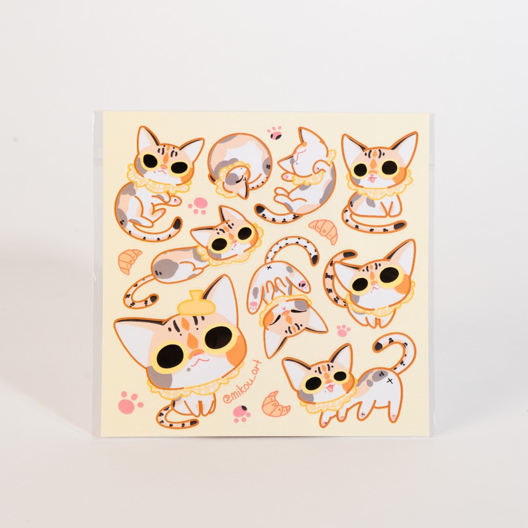 Sticker Sheet | Calico Cat "Croissant" Collage | 5.5x5.5 inch | Waterproof & Fade-Resistant | Gift for Cat Lovers | Mikou Original Art