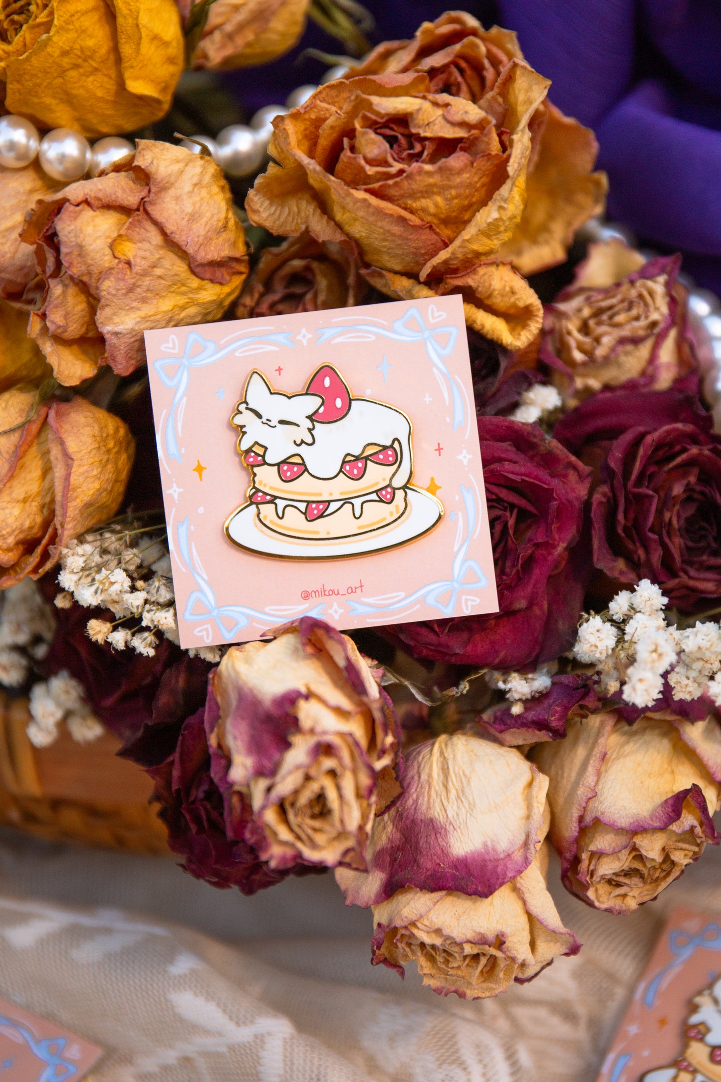 Strawberry Pan Cake Cat Enamel Pin | Liquid Cat Series | Mikou Original Art