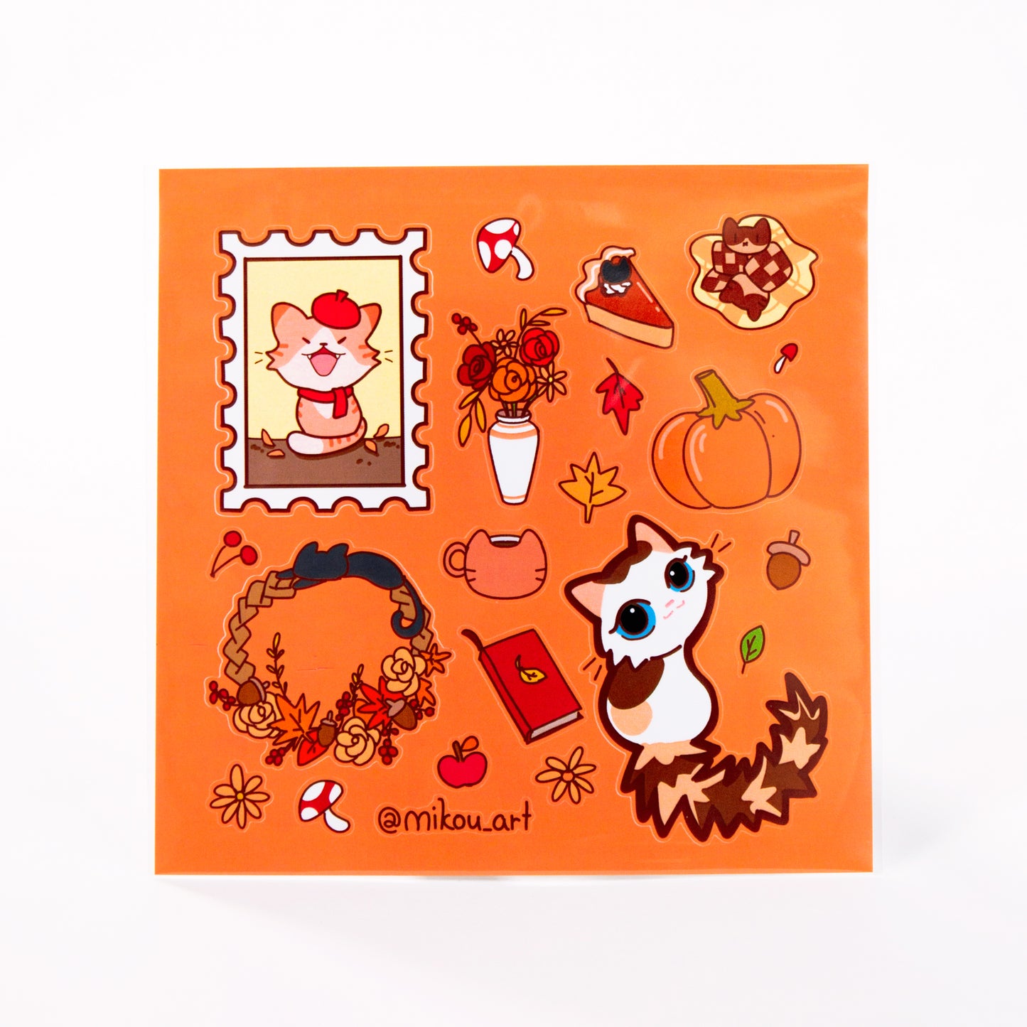 Whimsical Autumn Cat Collage Vinyl Sticker Sheet | 5.5x5.5 inch | Mikou Original Art