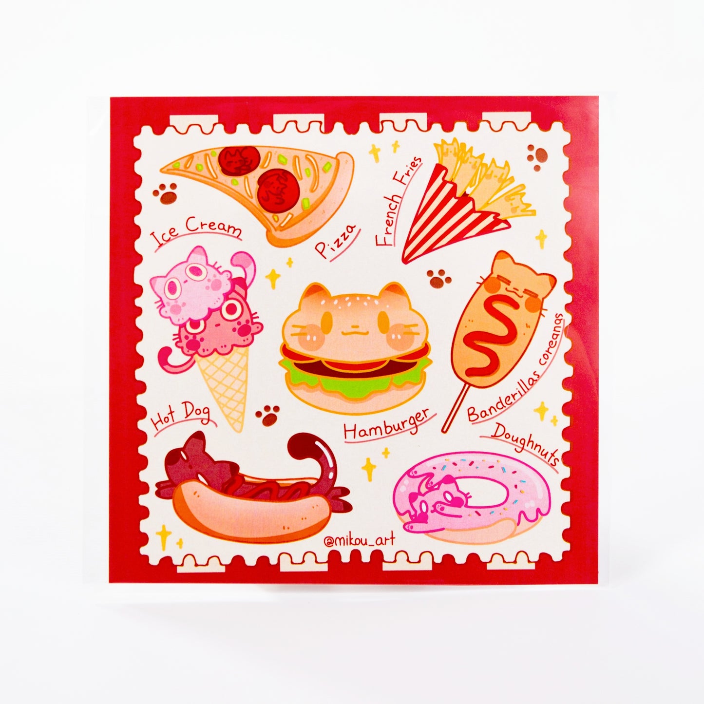 Whimsical Fastfood Cat Collage Vinyl Sticker Sheet | 5.5x5.5 inch | Mikou Original Art