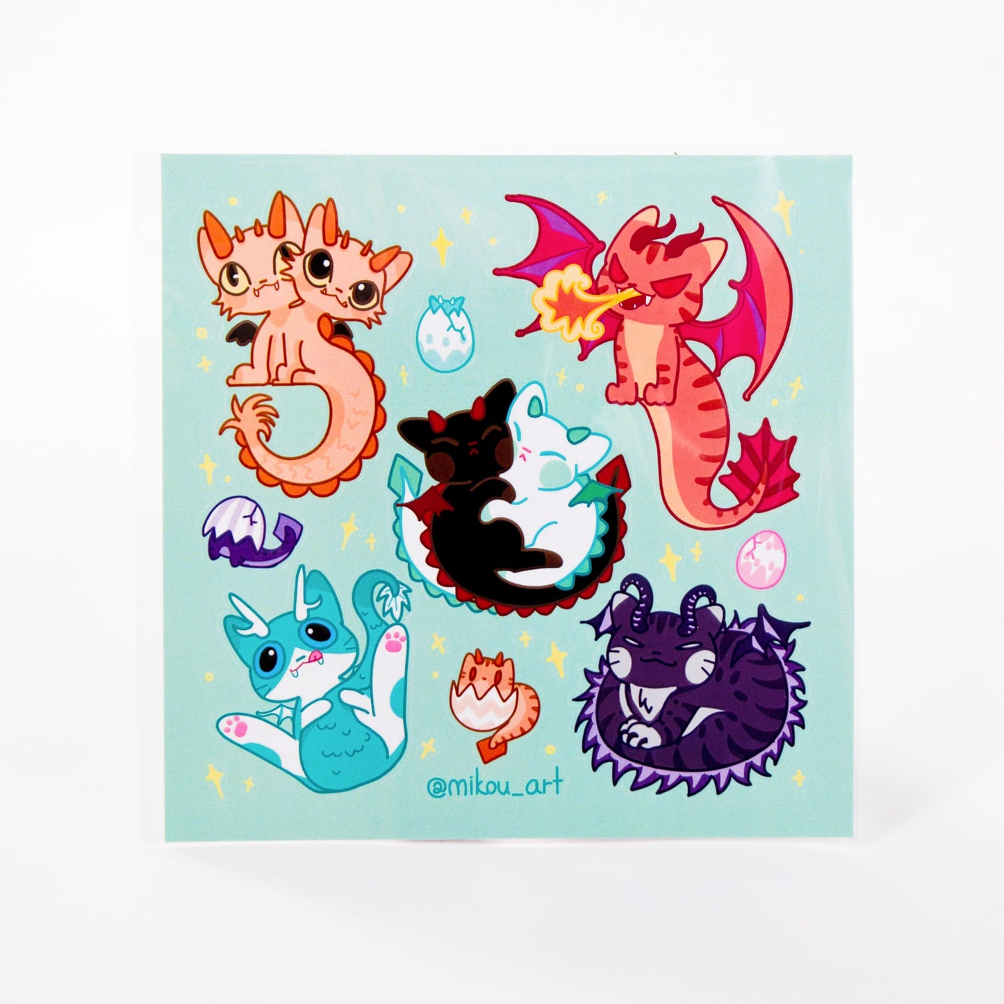 Whimsical Dragon-Cat Collage Vinyl Sticker Sheet | 5.5x5.5 inch | Mikou Original Art