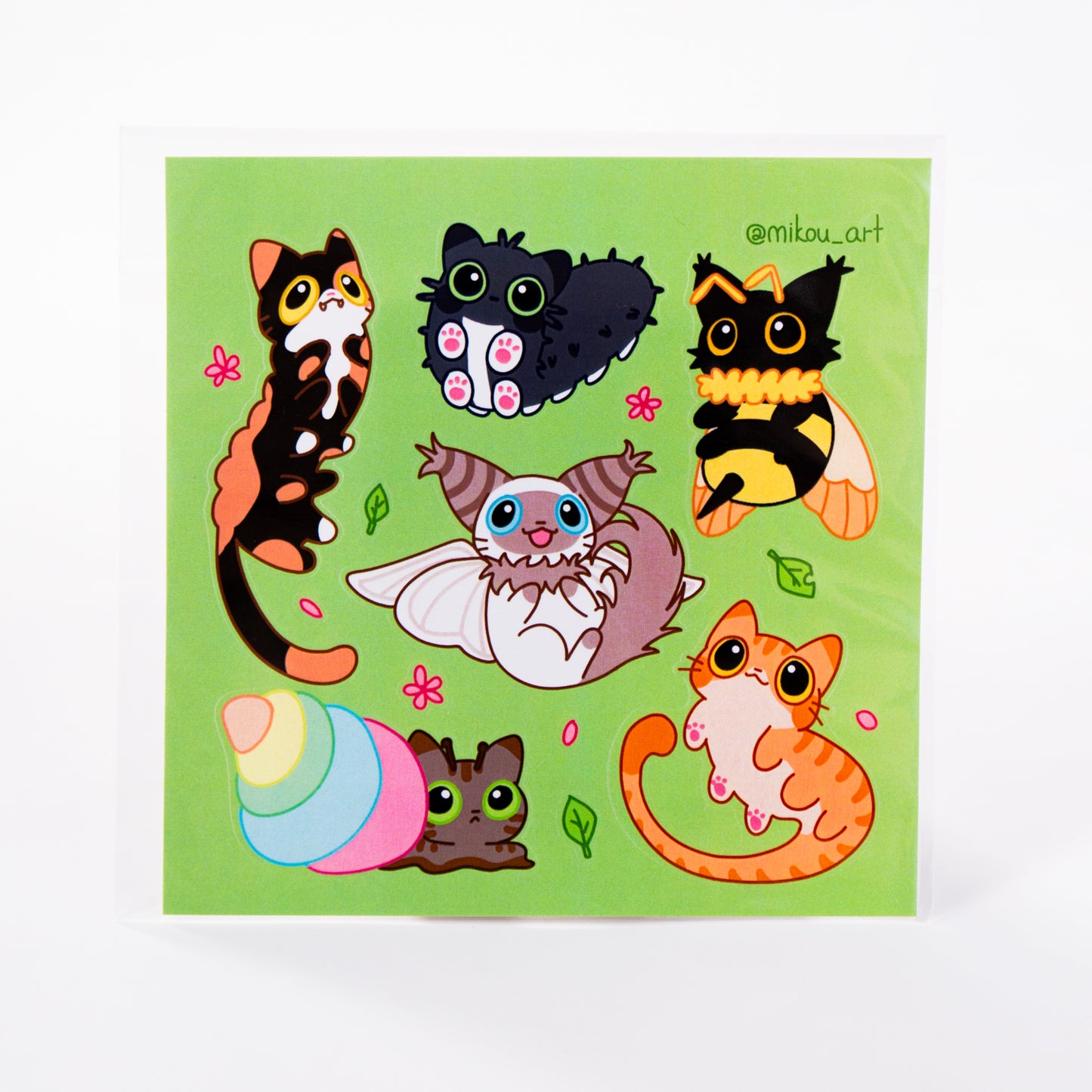 Whimsical Insect Cat Collage Vinyl Sticker Sheet | 5.5x5.5 inch | Mikou Original Art