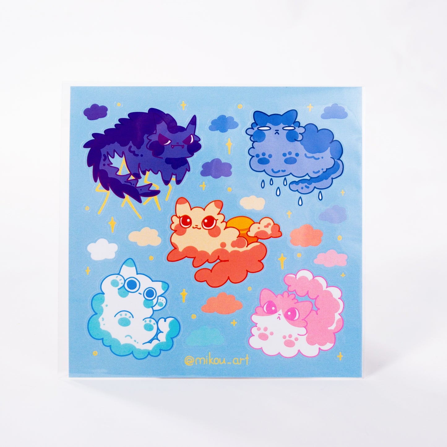 Whimsical Cloud Cat Collage Vinyl Sticker Sheet | 5.5x5.5 inch | Mikou Original Art