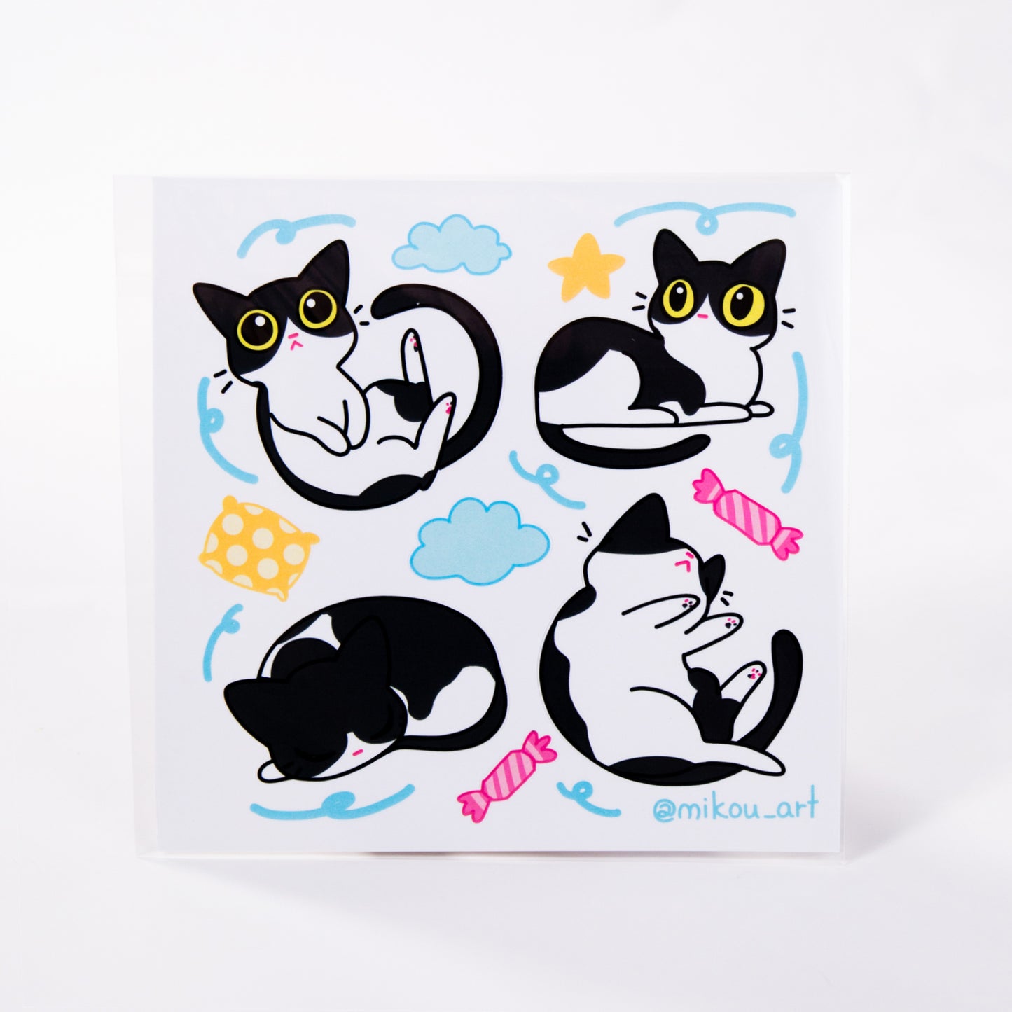 Lazy Cow Cat Collage Vinyl Sticker Sheet | 5.5x5.5 inch | Mikou Original Art