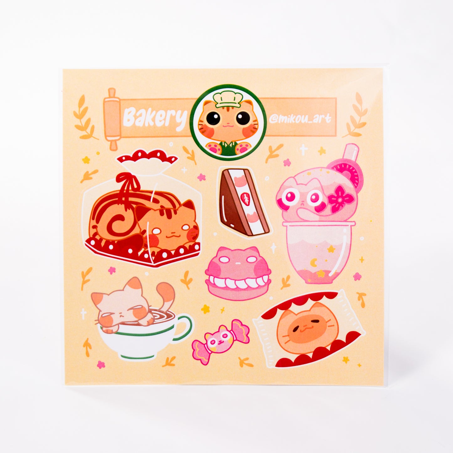 Whimsical Cat Bakery Collage Vinyl Sticker Sheet | 5.5x5.5 inch | Mikou Original Art
