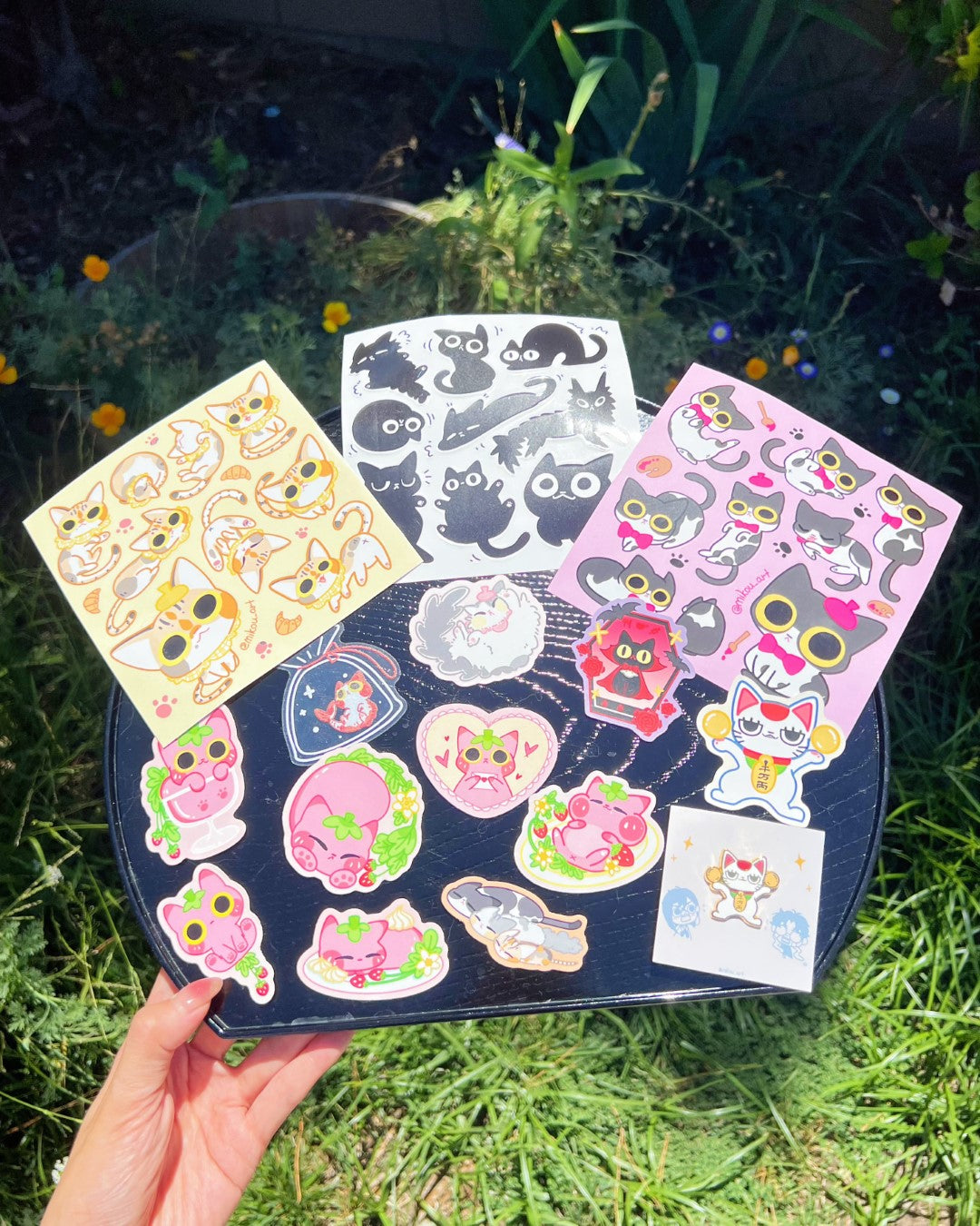 Sticker Sheet | Calico Cat "Croissant" Collage | 5.5x5.5 inch | Waterproof & Fade-Resistant | Gift for Cat Lovers | Mikou Original Art