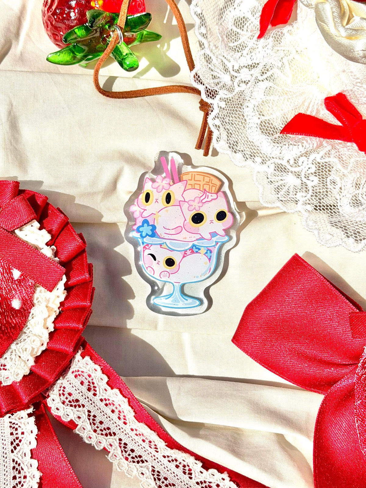 Strawberry Cat Sundae Magnet | Kitty Dessert Fridge Magnet | Kawaii Strawberry Cat Magnet