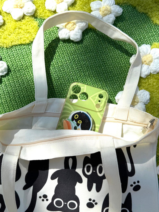 Liquid Black Cat Tote Bag | Black Kitty Shoulder Bag with Inner Pocket