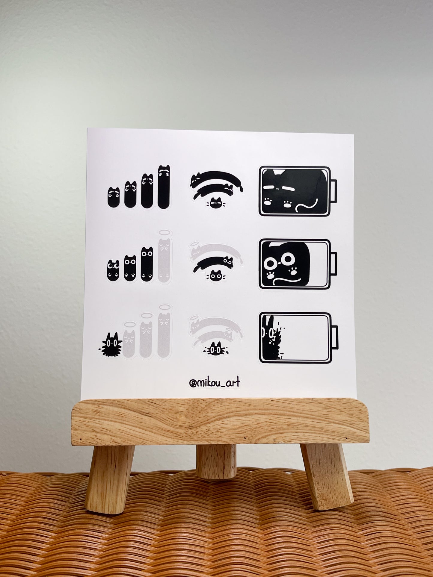 Sticker Sheet | Low Battery Mode Cat | 5.5x5.5 inch | Waterproof, and Fade-Resistant | Gift for Cat Lovers | Mikou Original Art