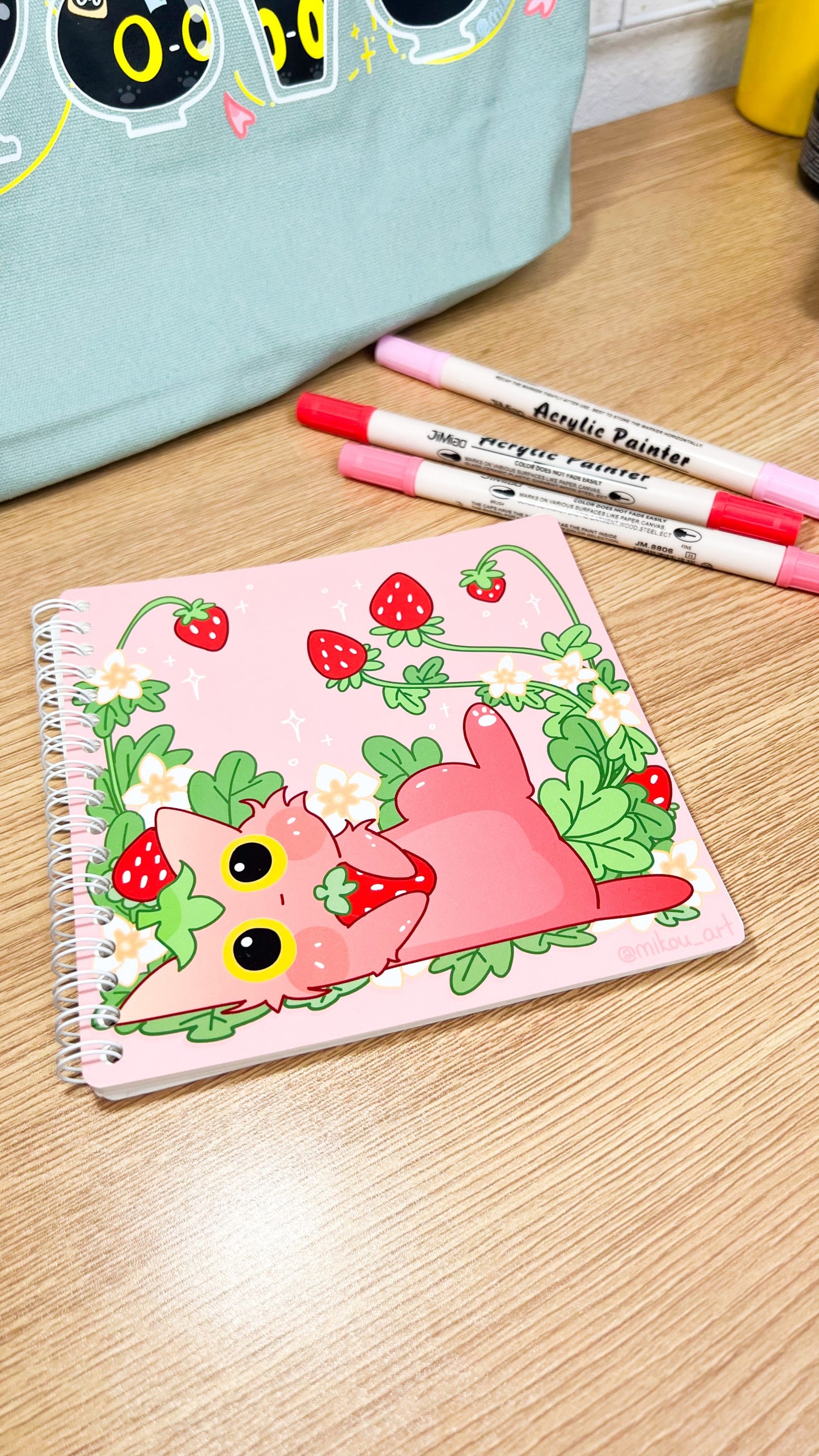 Cute Reusable Sticker Book | Laying Forever Strawberry Cat | 6x6 | Double Sided | 40 Pages | Glowing Patterm | Mikou Original Art