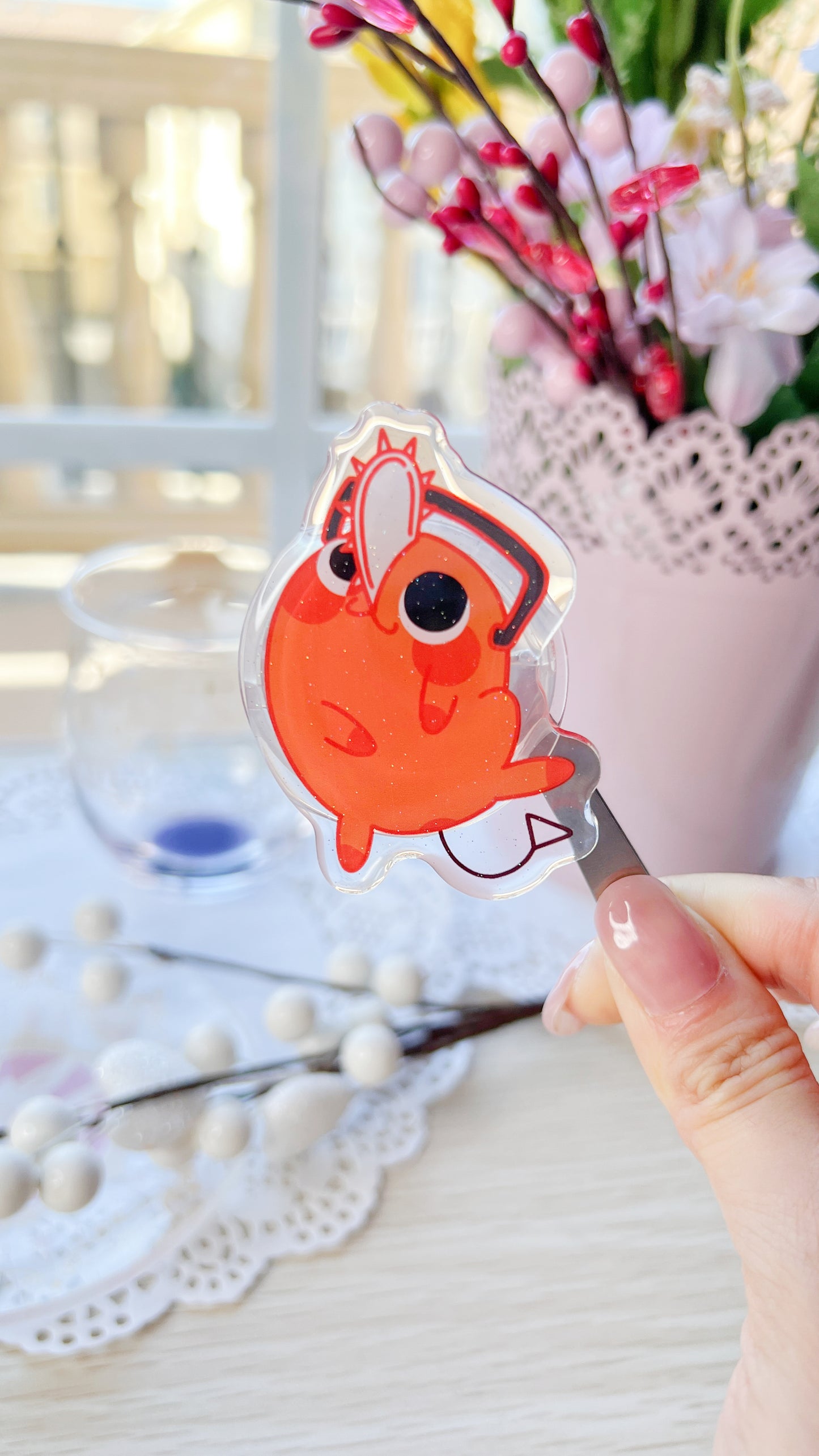 CSM Laying Cute Chainsaw dog| Shining Acrylic Epoxy Phone Grip/Holder