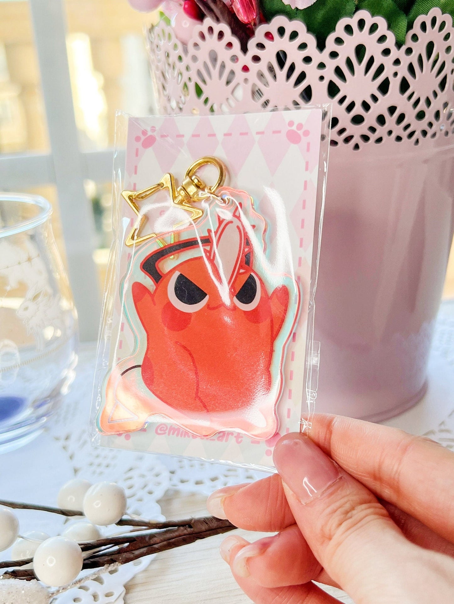 Excited Cute Pochita(Chainsaw Man) | Rainbow Laser Acrylic Charm/Keychain