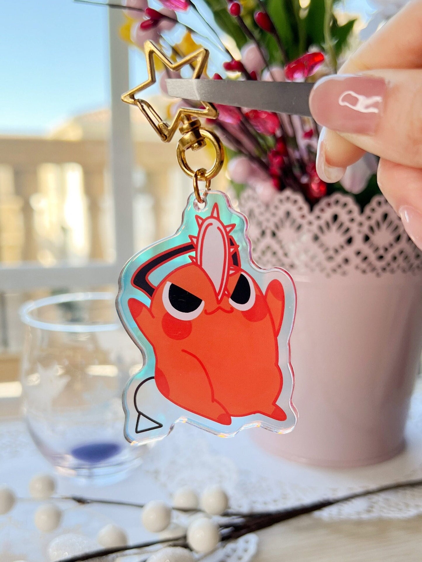 Excited Cute Pochita(Chainsaw Man) | Rainbow Laser Acrylic Charm/Keychain