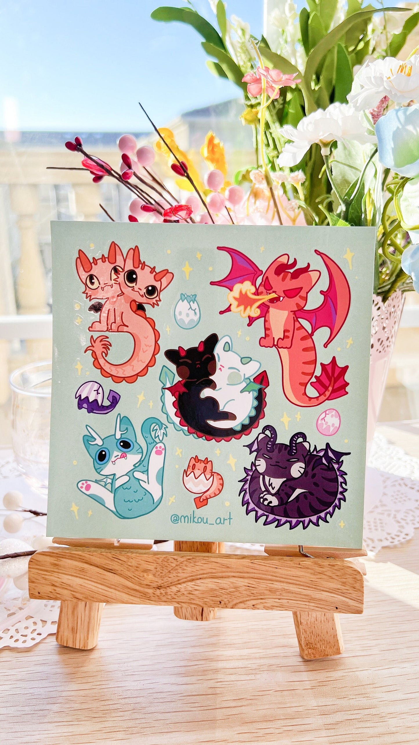 Whimsical Dragon-Cat Collage Vinyl Sticker Sheet | 5.5x5.5 inch | Mikou Original Art