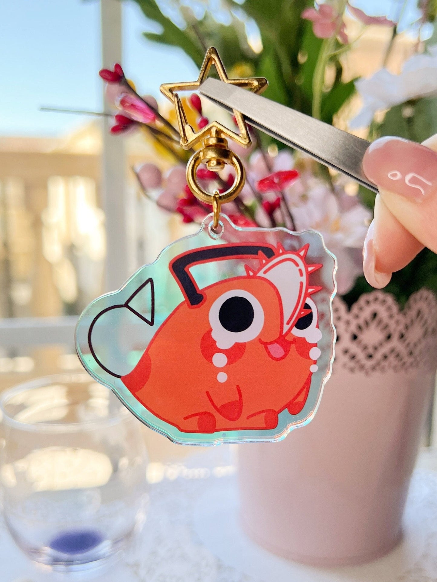 Crying Cute Chainsaw Dog | Rainbow Laser Acrylic Charm/Keychain