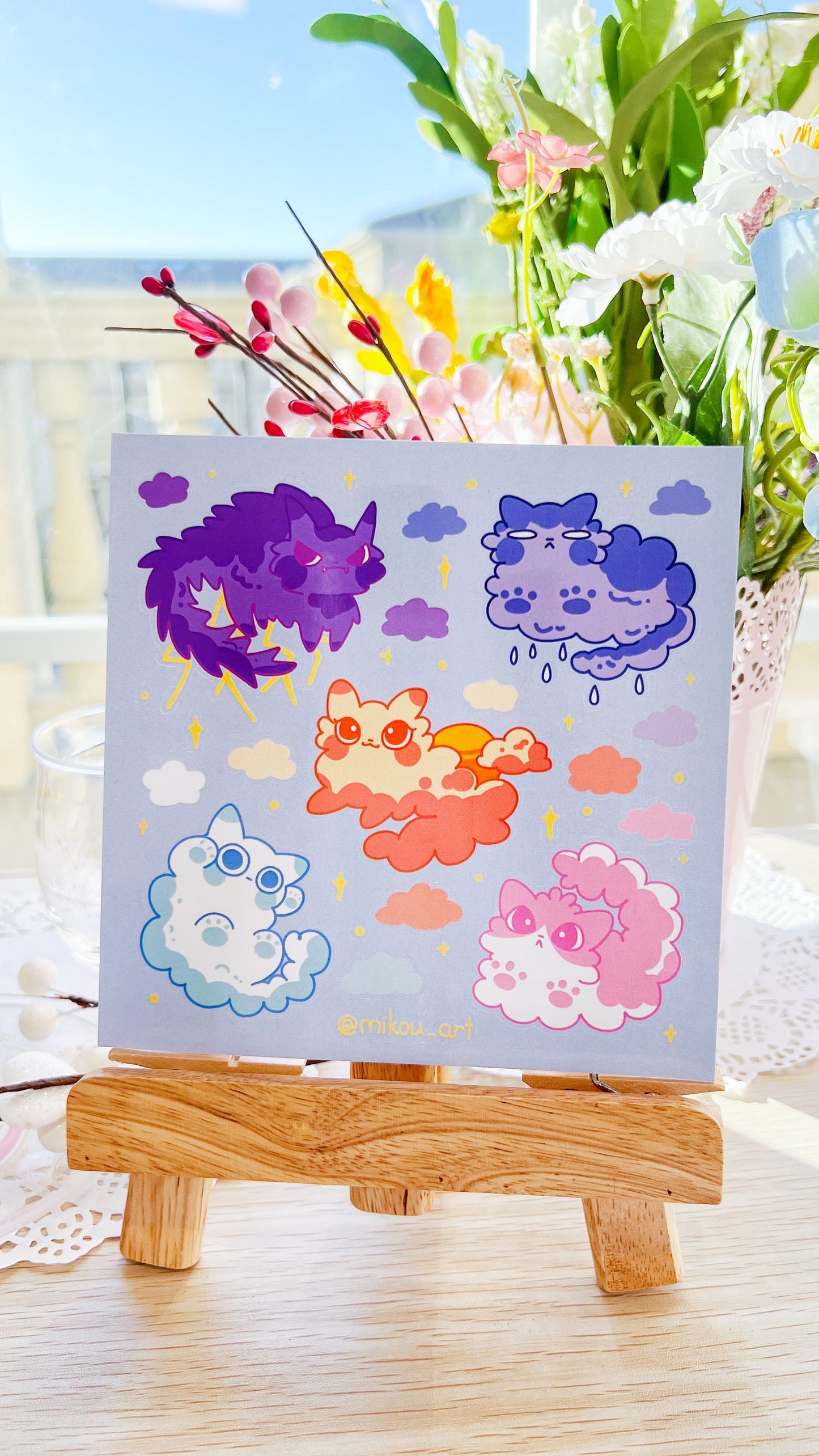 Whimsical Cloud Cat Collage Vinyl Sticker Sheet | 5.5x5.5 inch | Mikou Original Art