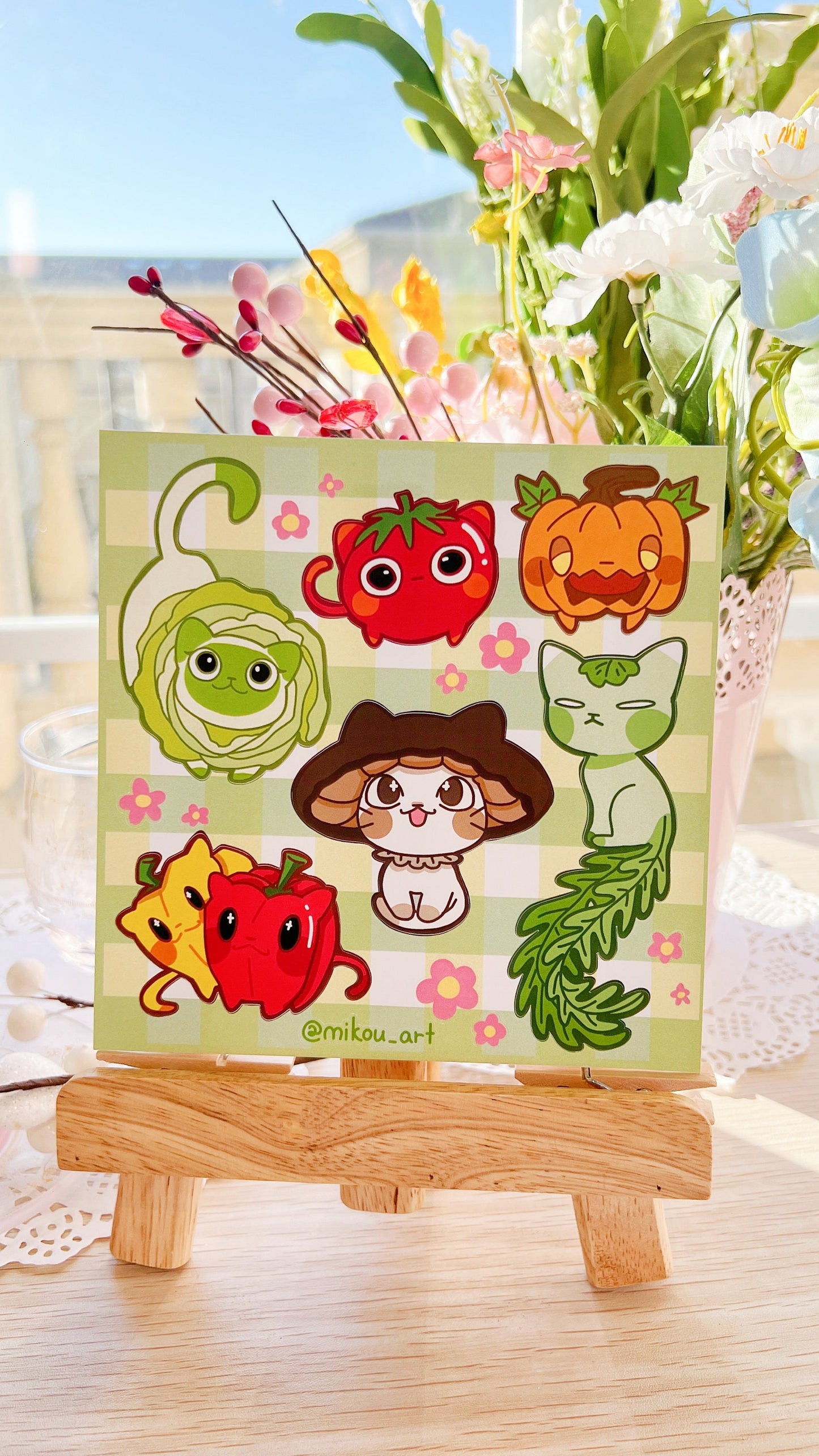 Whimsical Vegetable Cat Collage Vinyl Sticker Sheet | 5.5x5.5 inch | Waterproof & Fade-Resistant | Gift for Cat Lovers | Mikou Original Art