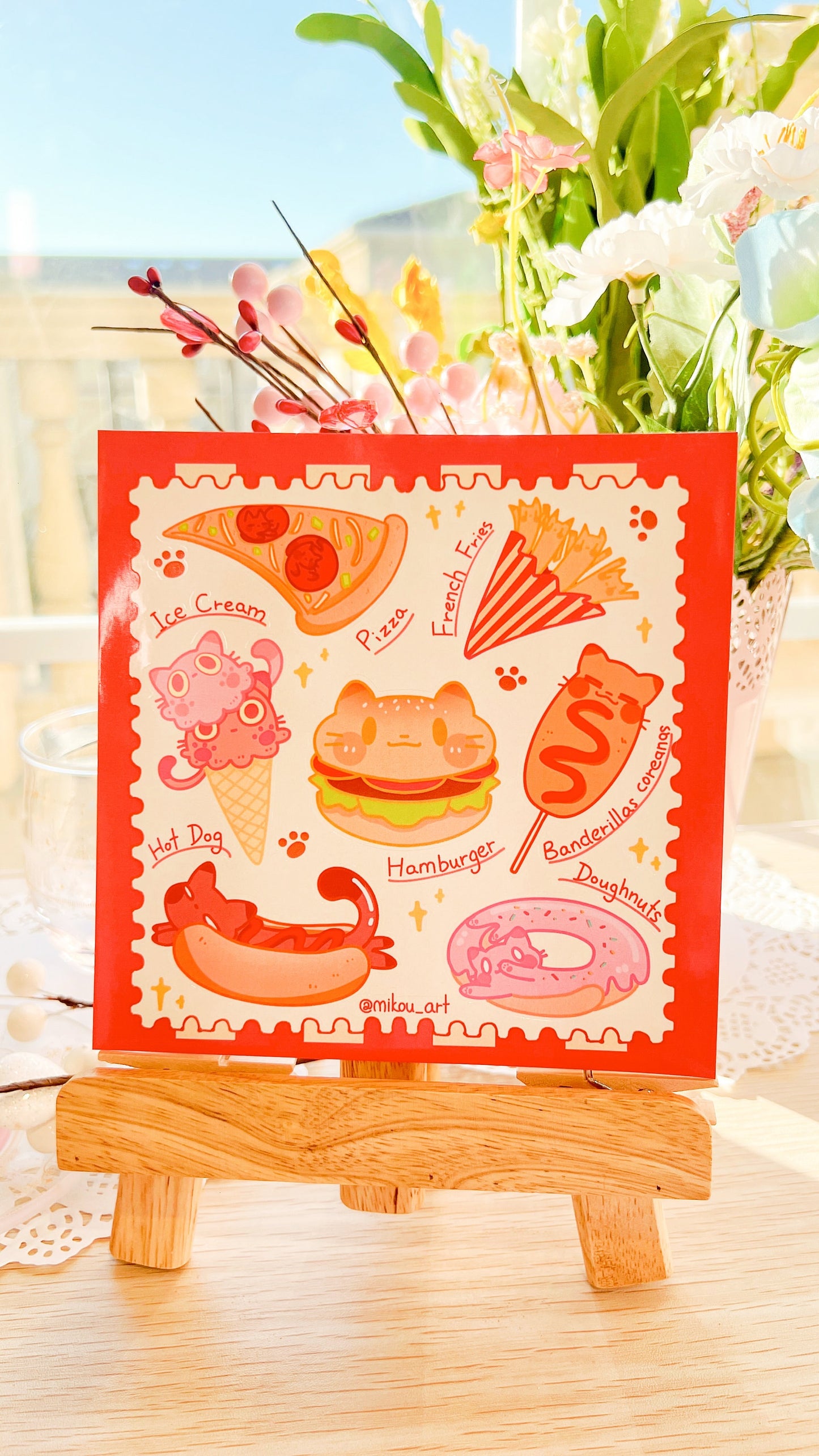 Whimsical Fastfood Cat Collage Vinyl Sticker Sheet | 5.5x5.5 inch | Mikou Original Art