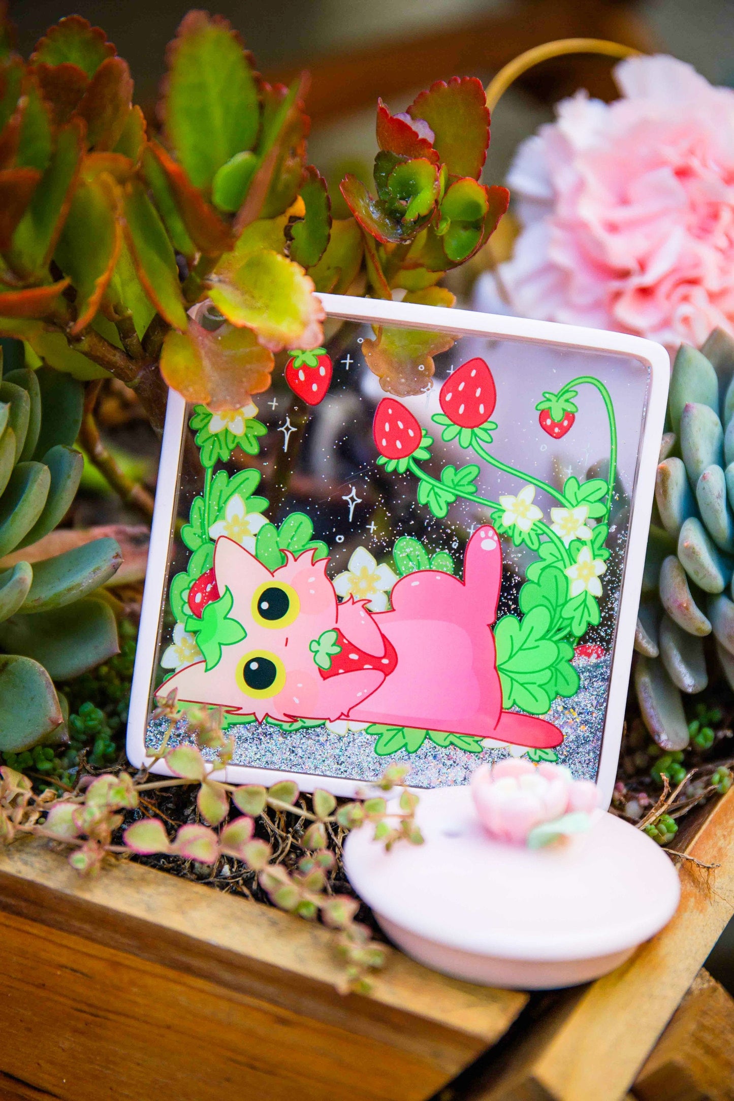 Glitter Quicksand Coaster Laying Forever Strawberry Cat | Gift for Cat Lovers | Mikou Original Art