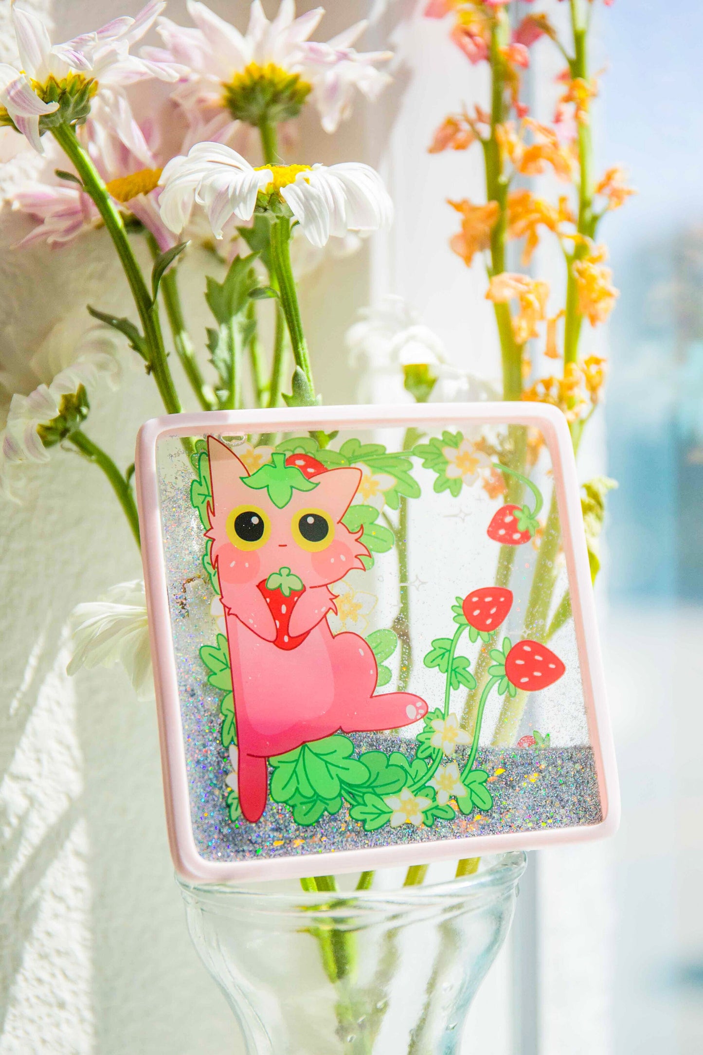 Glitter Quicksand Coaster Laying Forever Strawberry Cat | Gift for Cat Lovers | Mikou Original Art