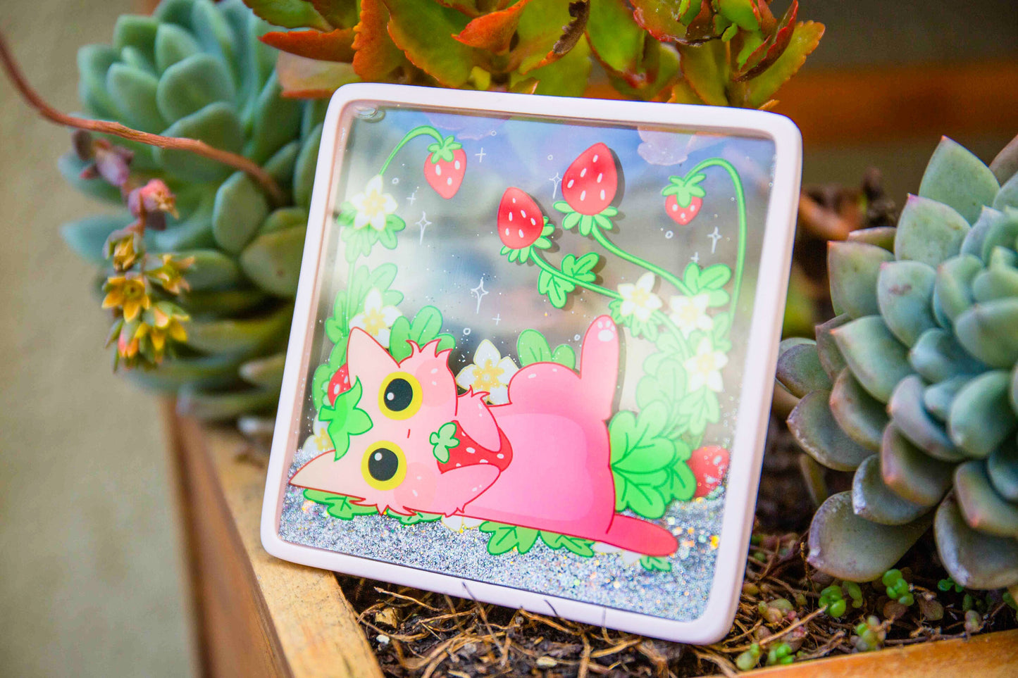 Glitter Quicksand Coaster Laying Forever Strawberry Cat | Gift for Cat Lovers | Mikou Original Art