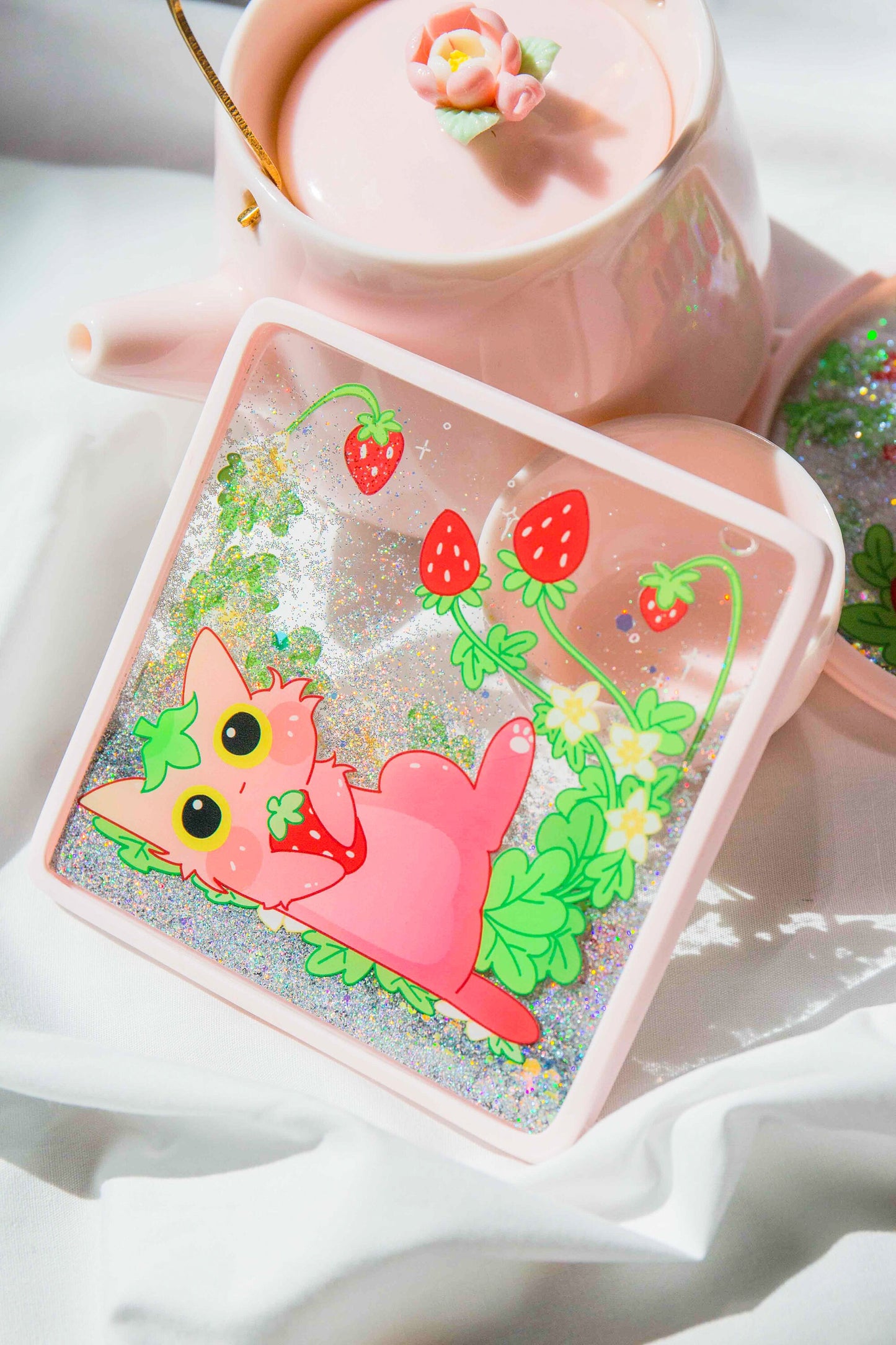 Glitter Quicksand Coaster Laying Forever Strawberry Cat | Gift for Cat Lovers | Mikou Original Art