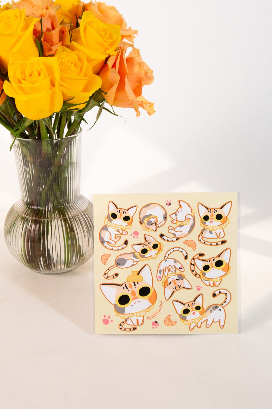 Sticker Sheet | Calico Cat "Croissant" Collage | 5.5x5.5 inch | Waterproof & Fade-Resistant | Gift for Cat Lovers | Mikou Original Art