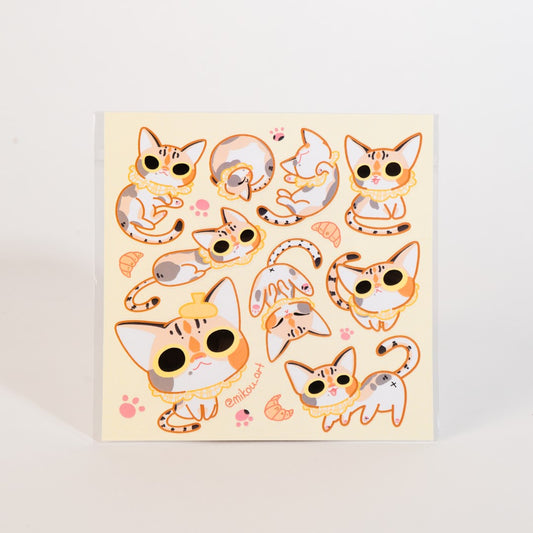 Sticker Sheet | Calico Cat "Croissant" Collage | 5.5x5.5 inch | Waterproof & Fade-Resistant | Gift for Cat Lovers | Mikou Original Art