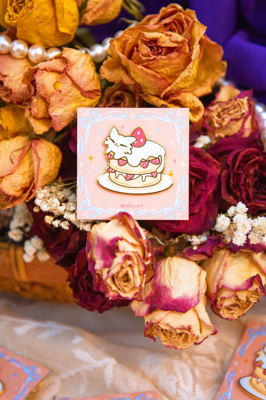 Strawberry Pan Cake Cat Enamel Pin | Liquid Cat Series | Mikou Original Art