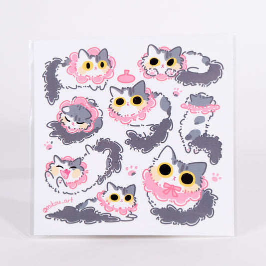 Sticker Sheet | Fluffy Cat "Bean Bun" | 5.5x5.5 inch | Waterproof, and Fade-Resistant | Gift for Cat Lovers | Mikou Original Art