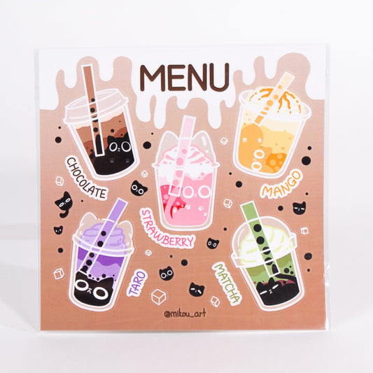 Sticker Sheet | Boba Cat Shop Menu | 5.5x5.5 inch | Waterproof & Fade-Resistant | Gift for Cat Lovers | Mikou Original Art