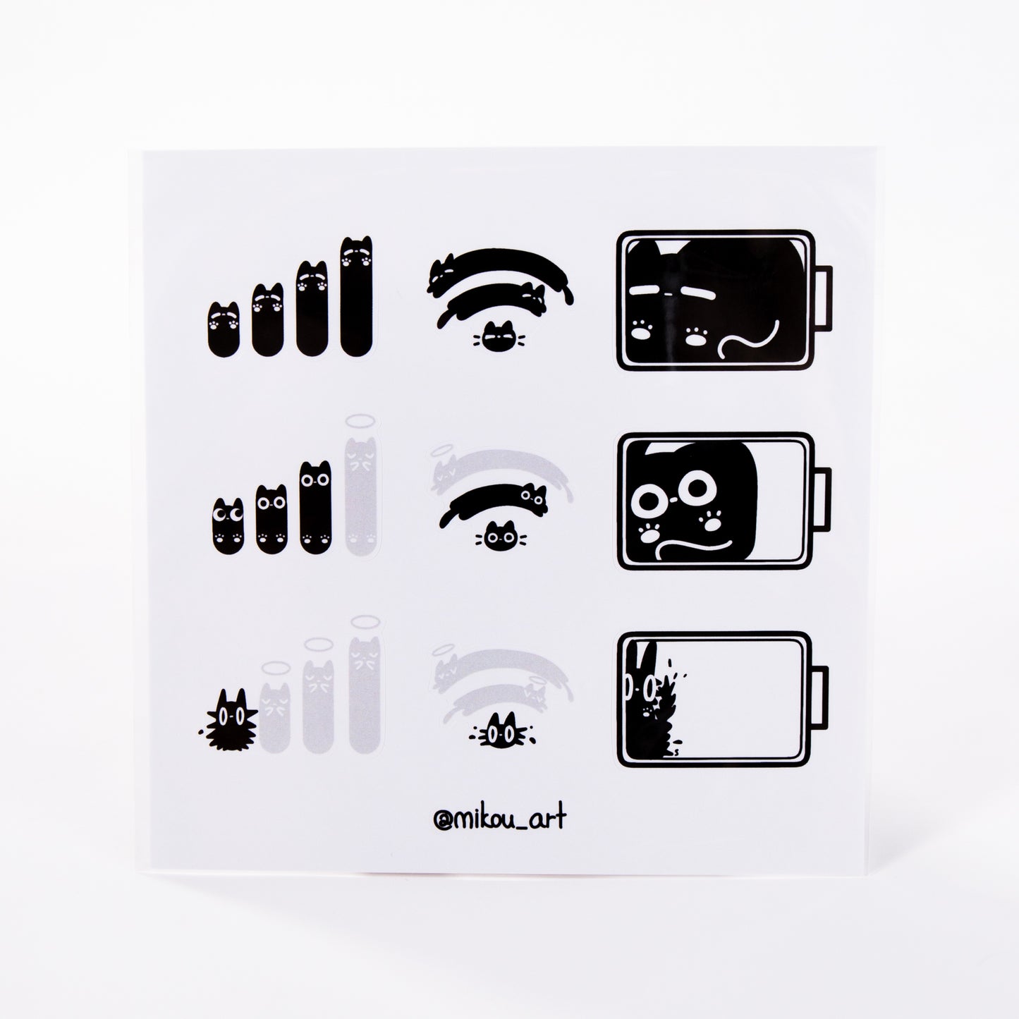 Sticker Sheet | Low Battery Mode Cat | 5.5x5.5 inch | Waterproof, and Fade-Resistant | Gift for Cat Lovers | Mikou Original Art