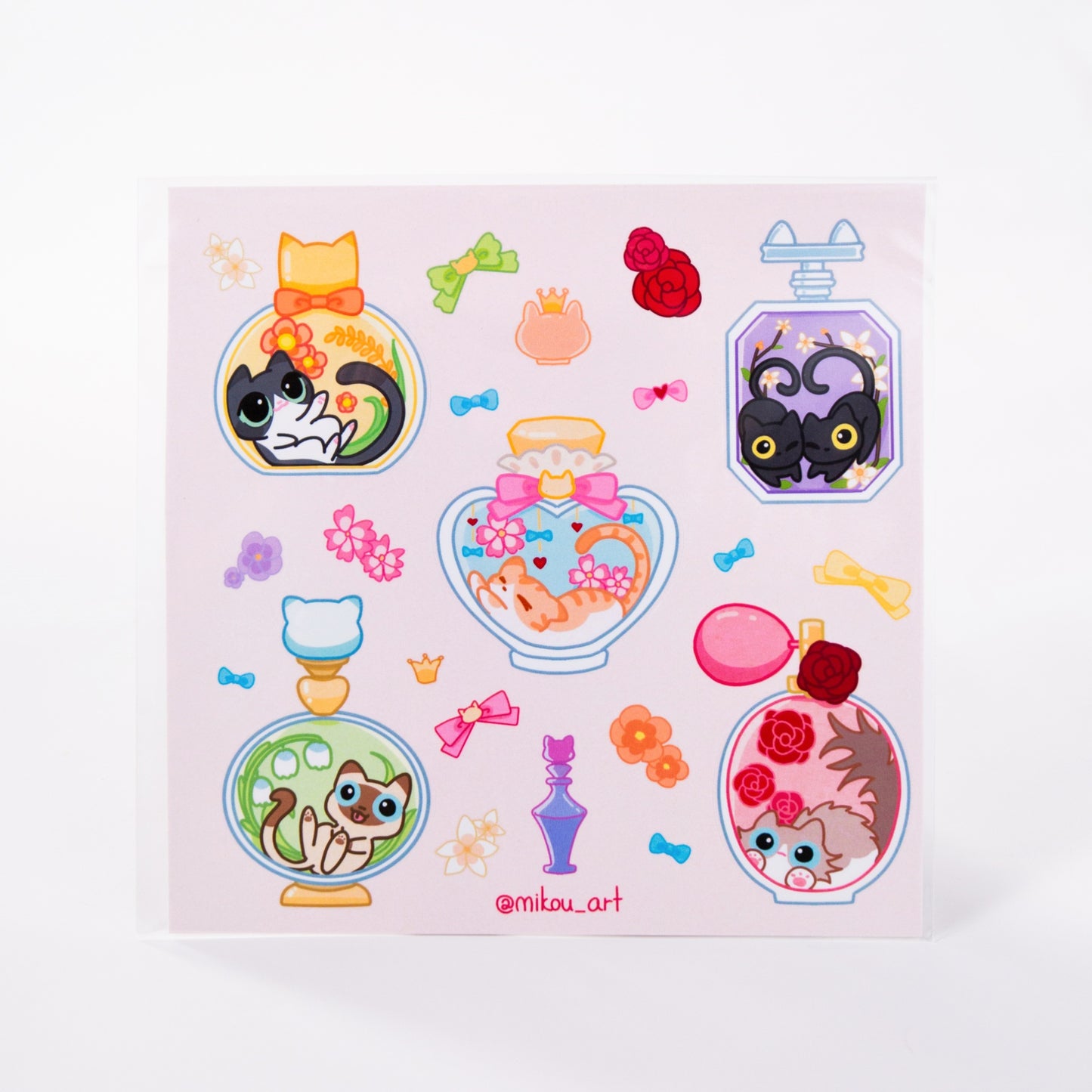 Sticker Sheet | Whimsical Perfume Cat Collage | 5.5x5.5 inch | Waterproof, and Fade-Resistant | Gift for Cat Lovers | Mikou Original Art