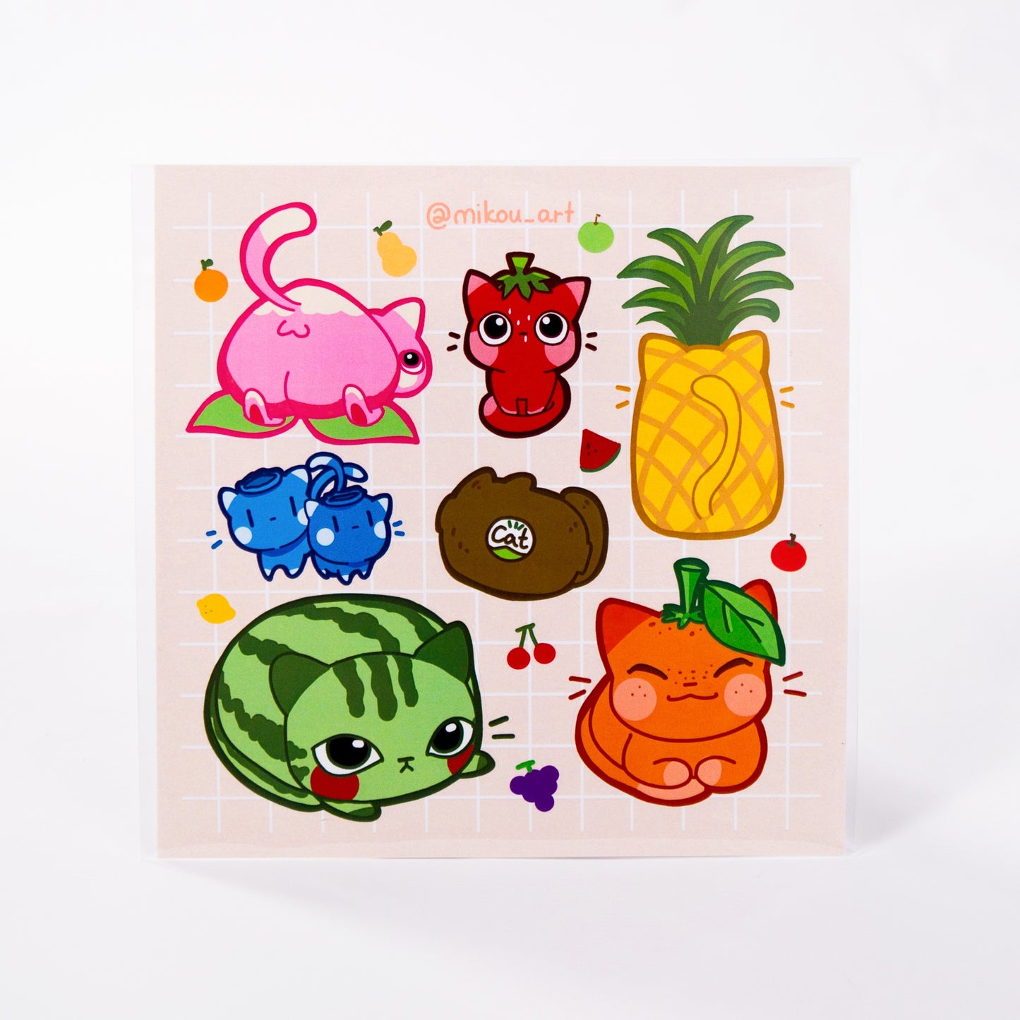 Whimsical Fruit Cat Collage Vinyl Sticker Sheet | 5.5x5.5 inch | Mikou Original Art