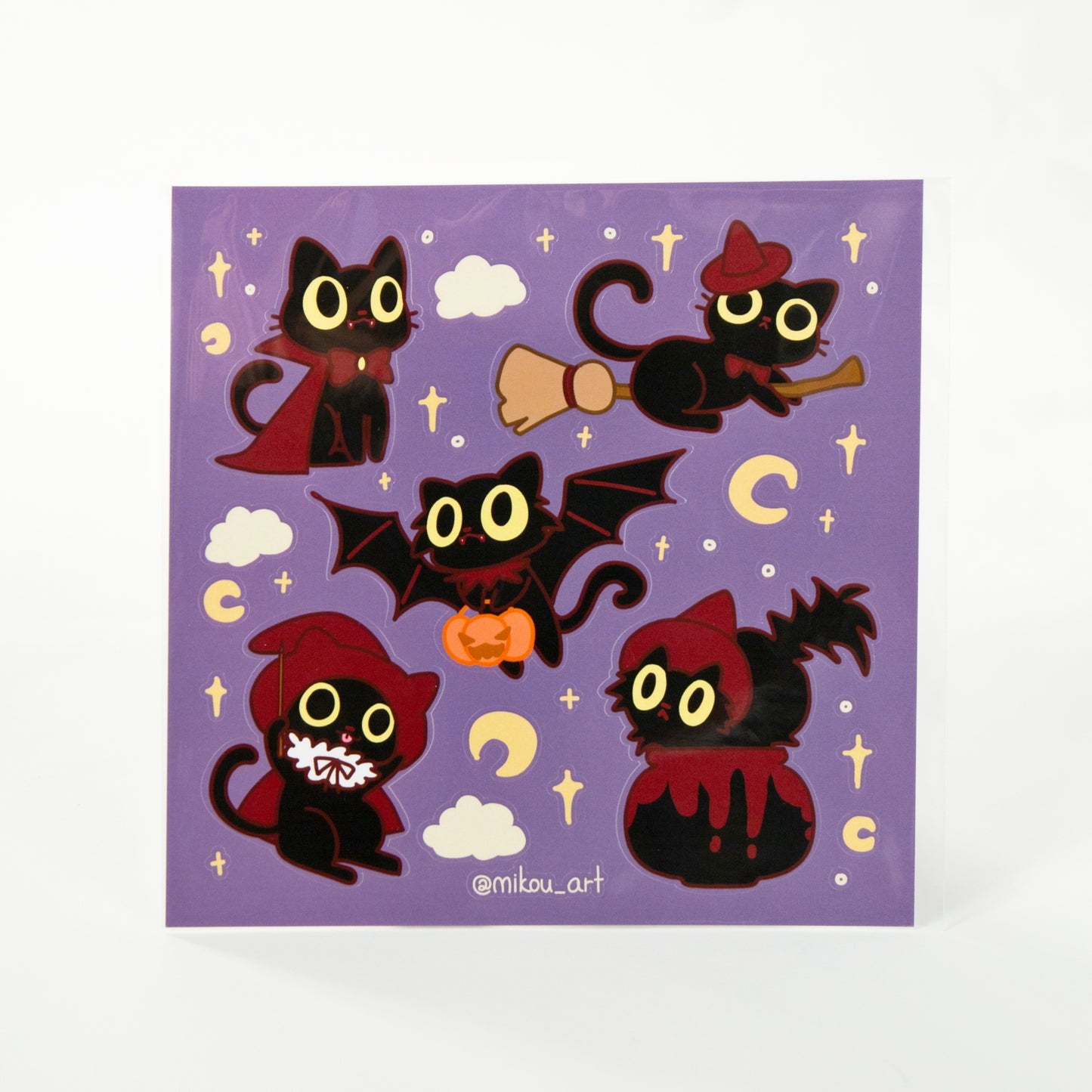 Whimsical Halloween Cat Collage Vinyl Sticker Sheet | 5.5x5.5 inch | Mikou Original Art