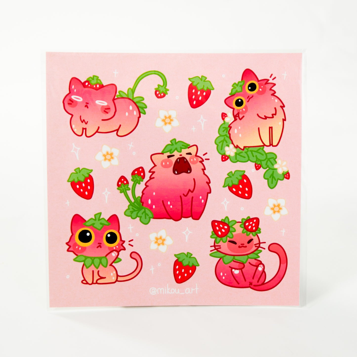 Whimsical Strawberry Cat Collage Vinyl Sticker Sheet | 5.5x5.5 inch | Mikou Original Art