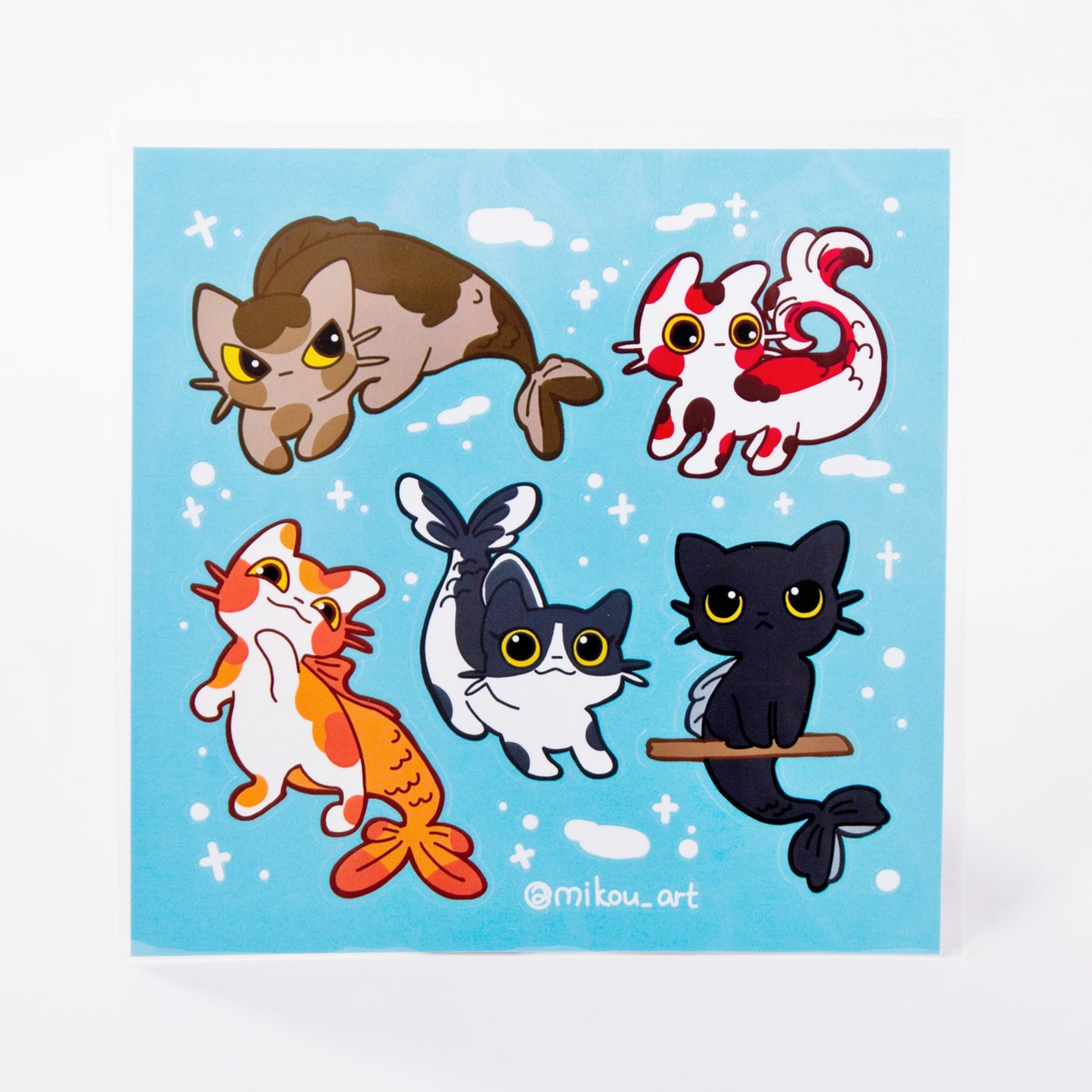 Whimsical Mermaid Cat Collage Vinyl Sticker Sheet | 5.5x5.5 inch | Mikou Original Art