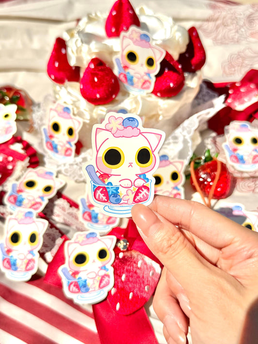 Strawberry Cat Parfait Vinyl Sticker | Kitty Dessert Sticker | 3 inch | Waterproof & Fade-Resistant