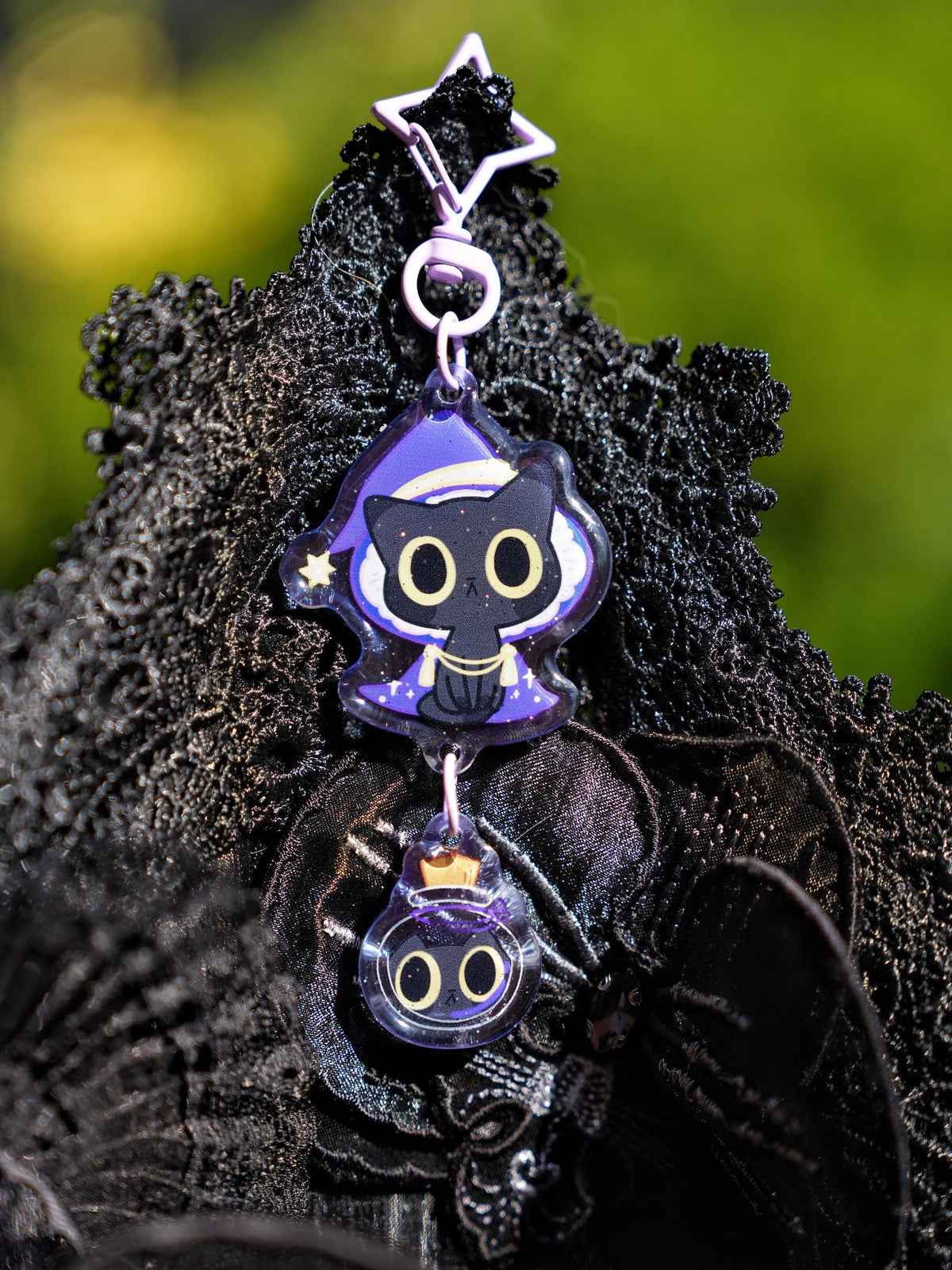 Wizard Cat Connection Keychain | Magic Kitty Acrylic Keychain | Double Charm Cat Keychain