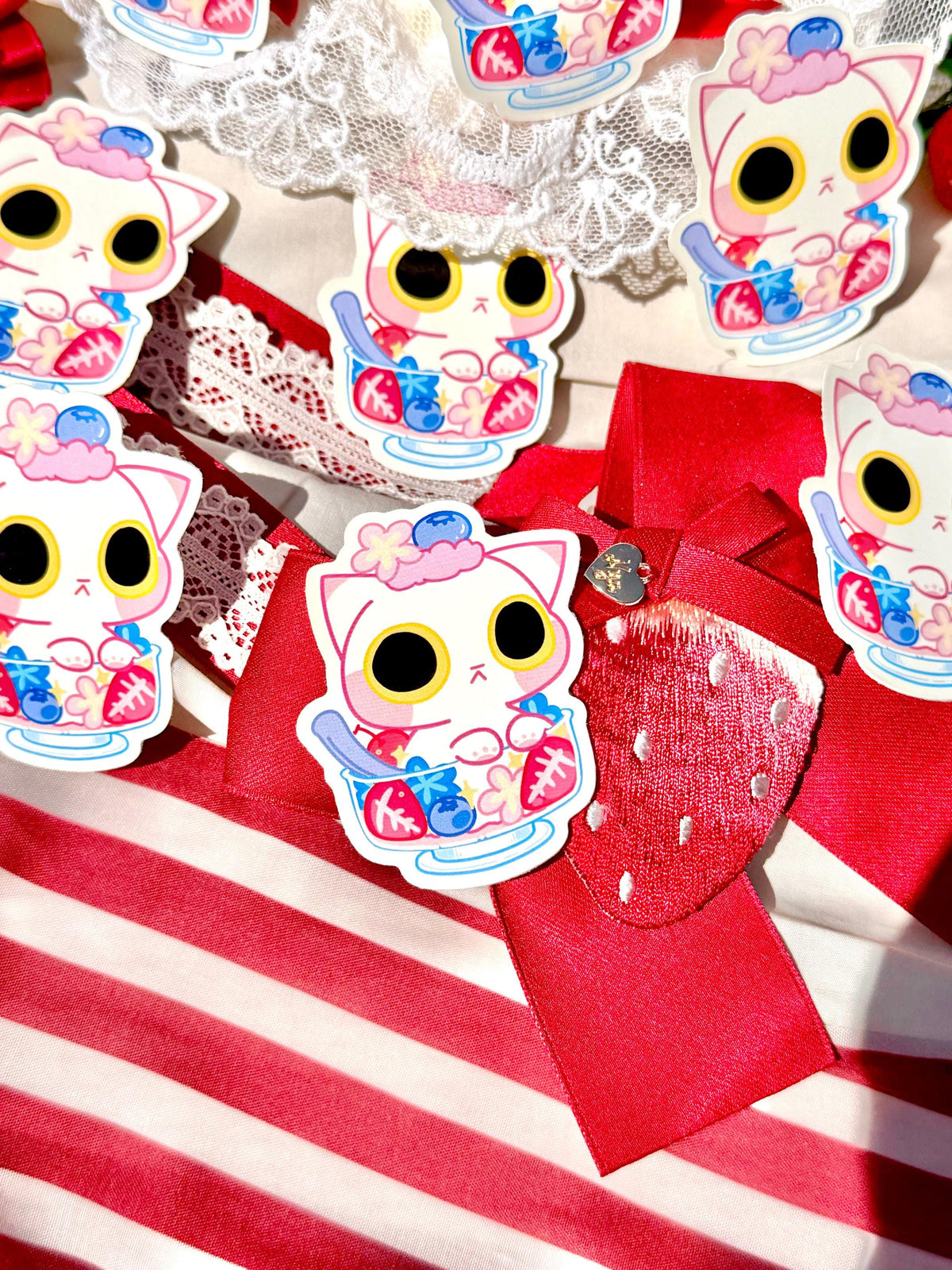 Strawberry Cat Parfait Vinyl Sticker | Kitty Dessert Sticker | 3 inch | Waterproof & Fade-Resistant